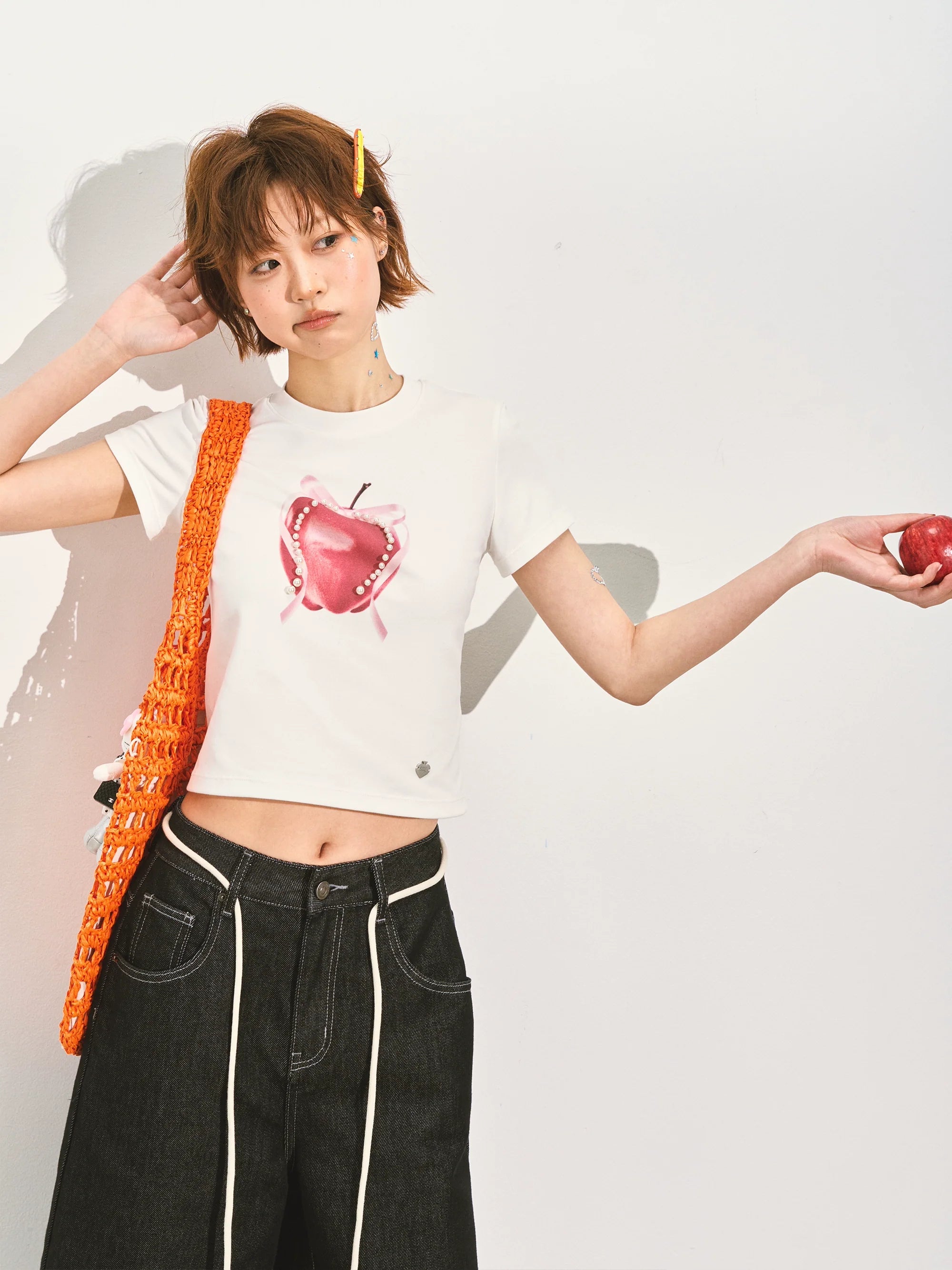 Pearl Bow Fruity Slim-fit Short Sleeve T-shirt