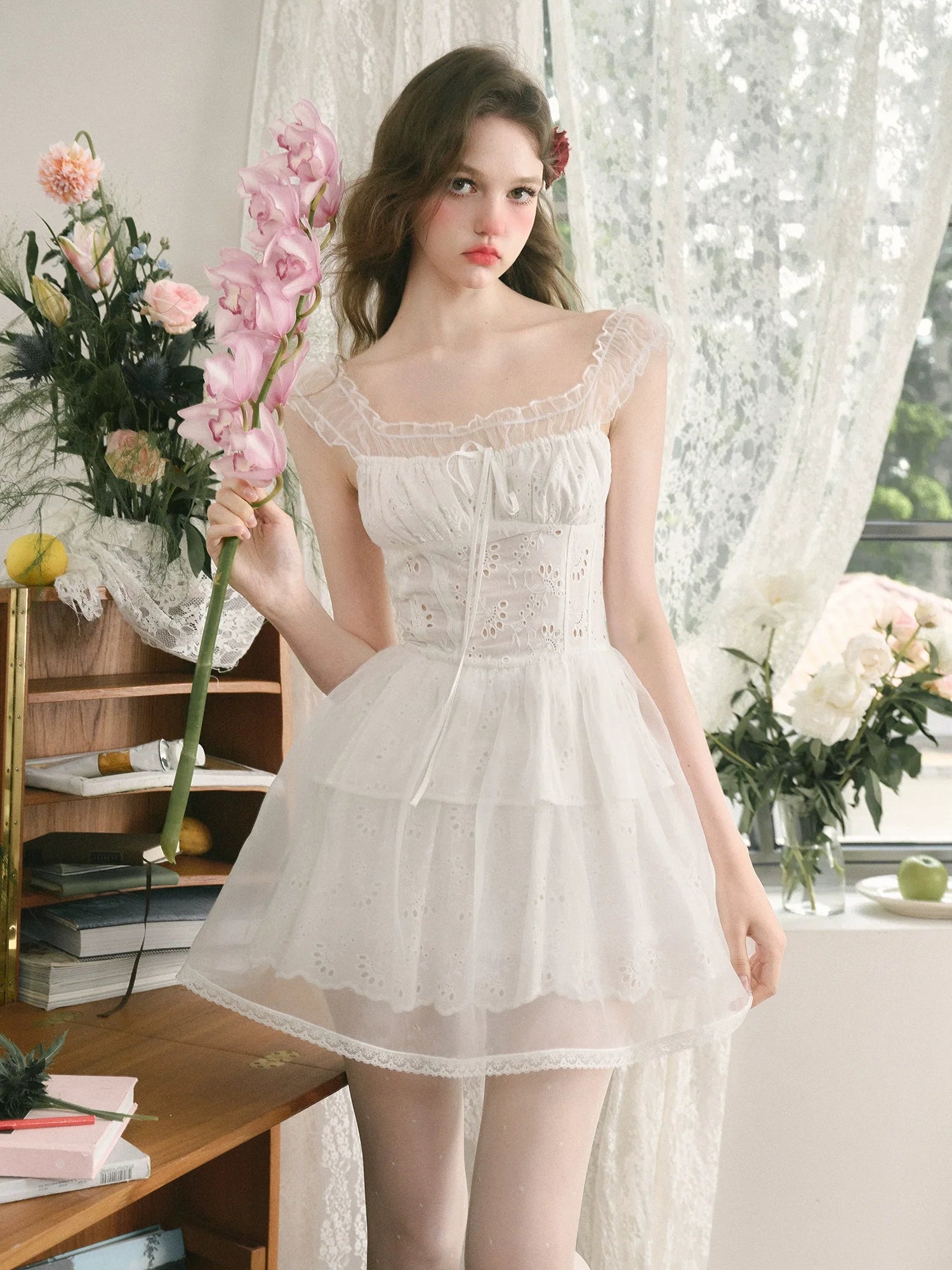 White Embroidered Puff Dress