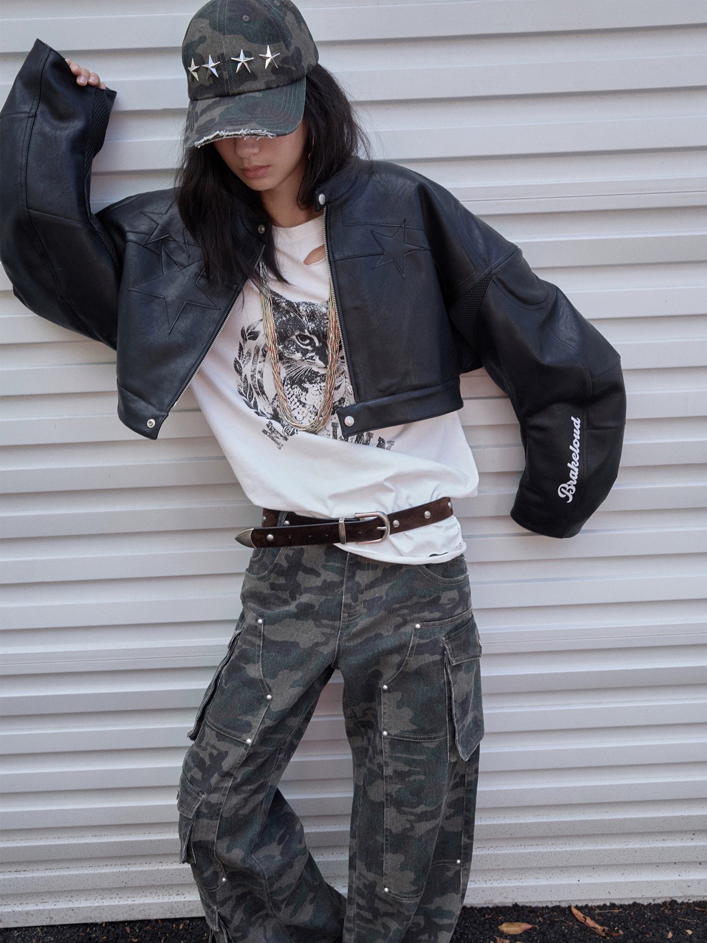 Letter Print Structured Cropped Moto Leather Jacket