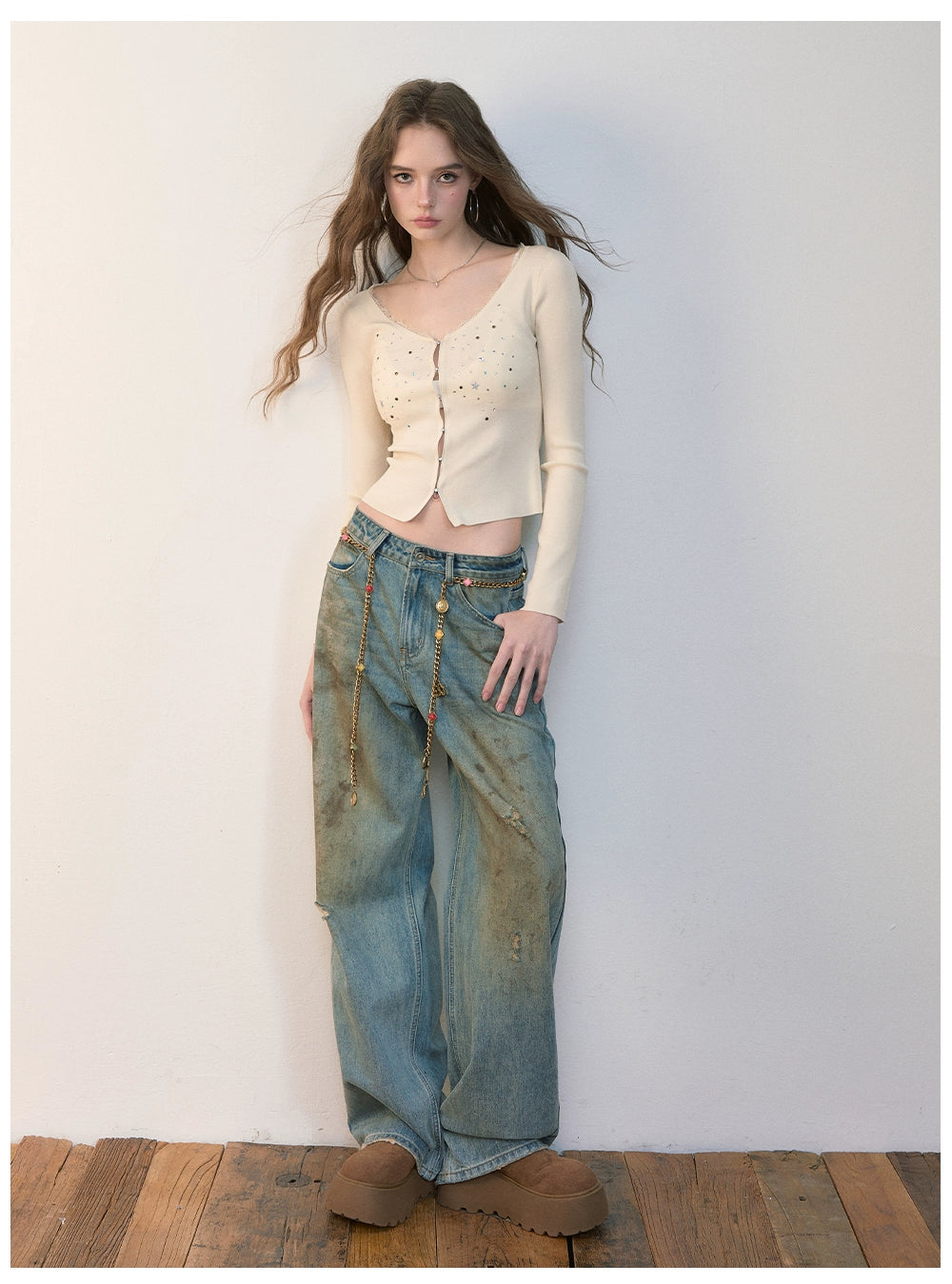 Distressed Wide-Leg Denim Pants