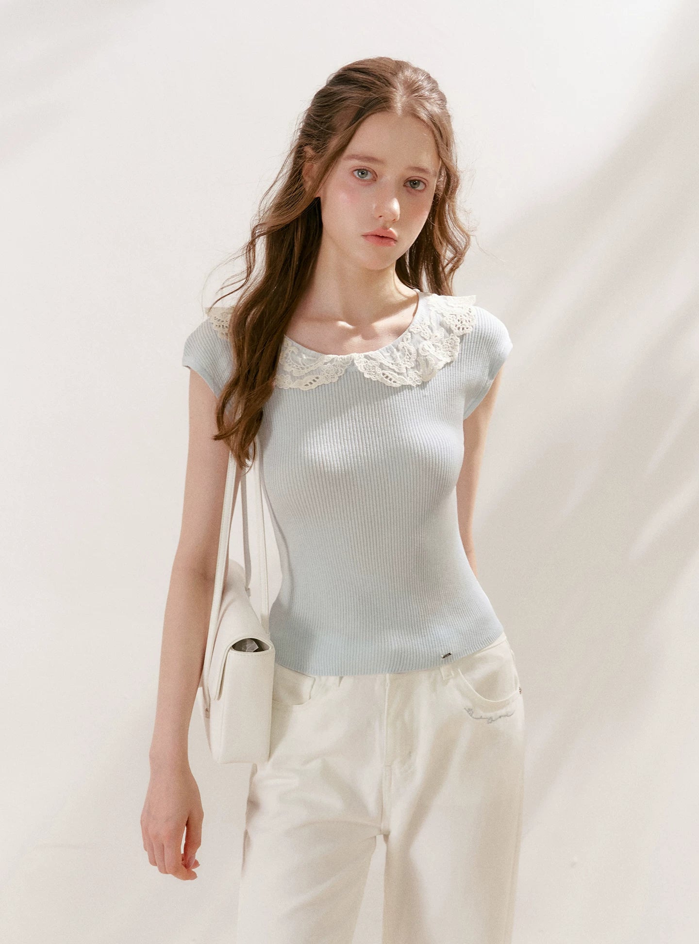 Lace-Collar Knit T-Shirt