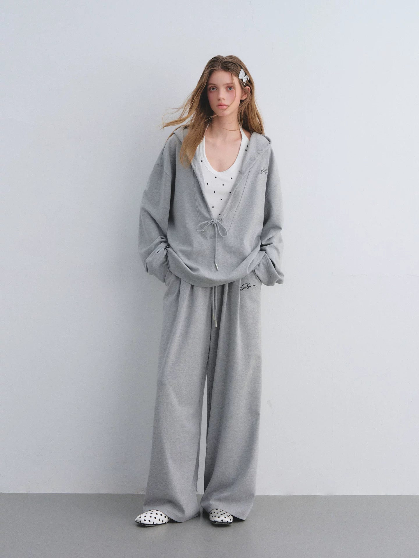 Polka Dot Vest Hooded Drawstring Sweatshirt Pants Set