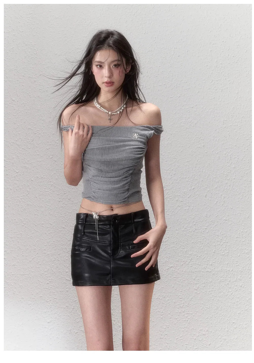 Waistline Ruched Off‑shoulder Knit Top