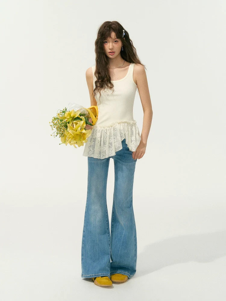 Light Blue Lace-Edge Patchwork Washed Denim Pants