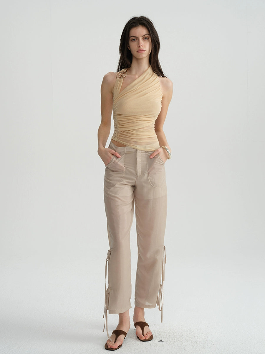 Metal Ring Halter Mesh Pleated Blouse