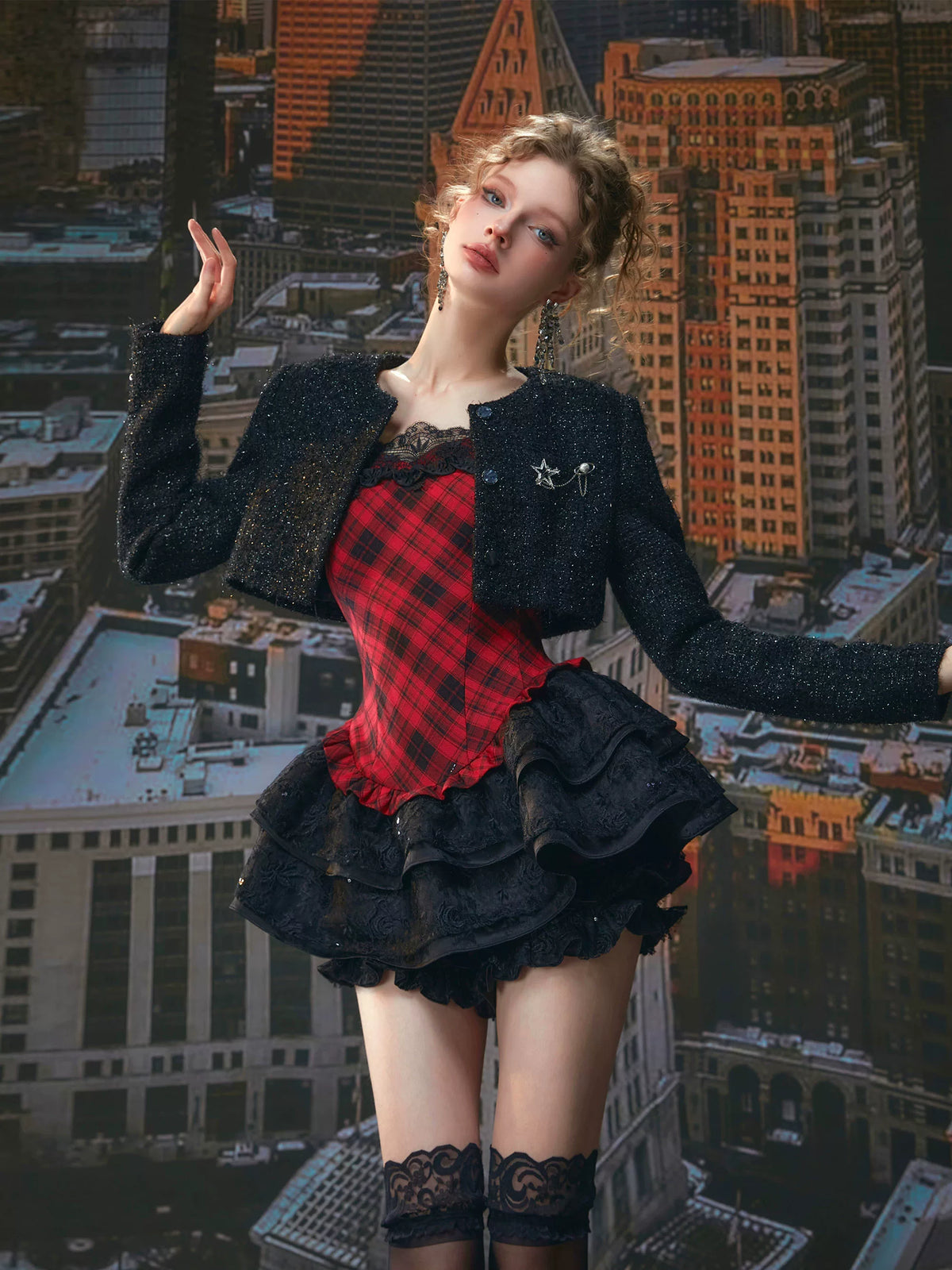 Red Plaid Lace Puff Dress Set