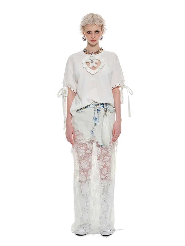 Black & Blue Lace Panel Denim Maxi Skirt