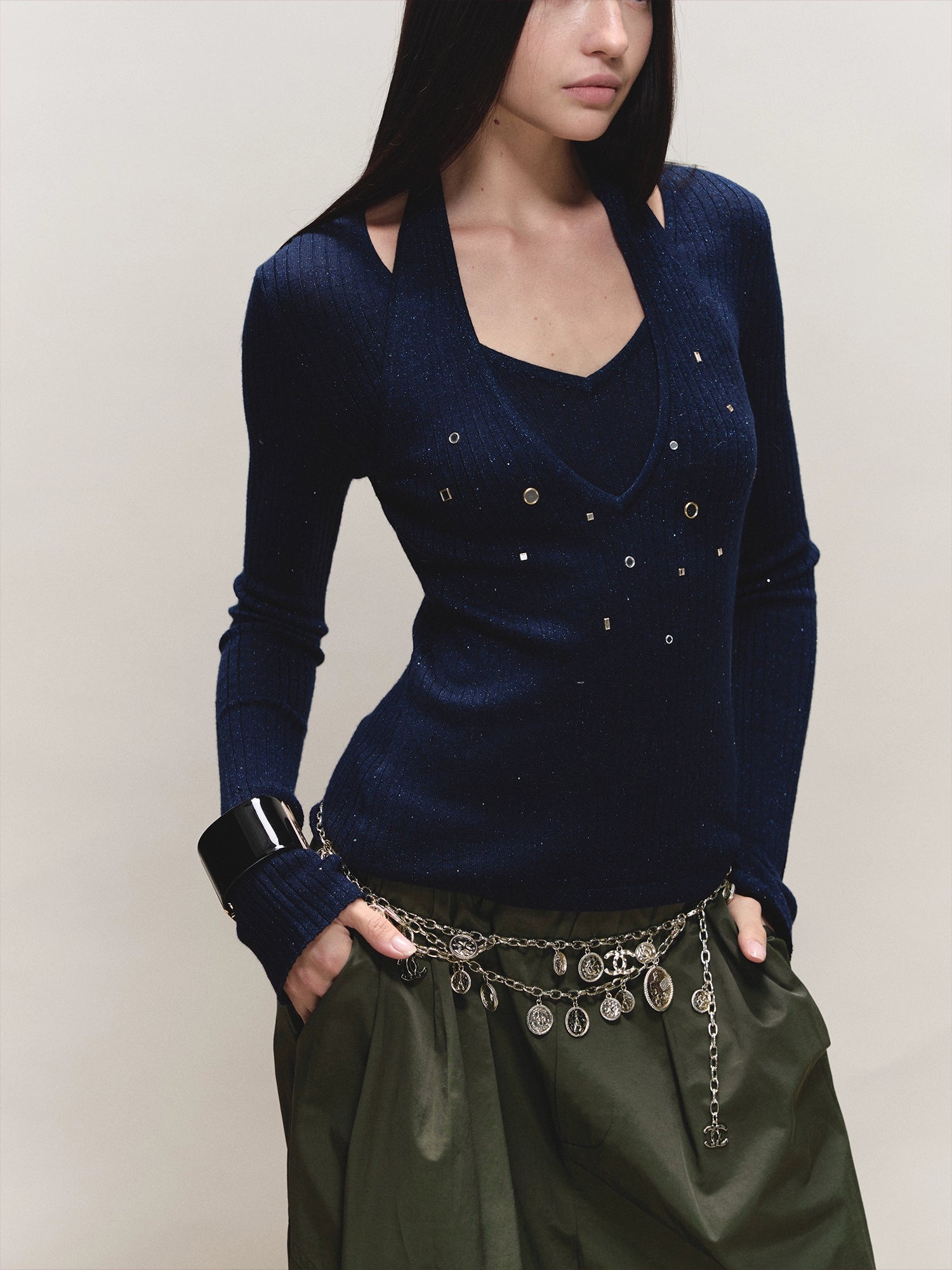 Wool Halter Sequin Long-Sleeve Top