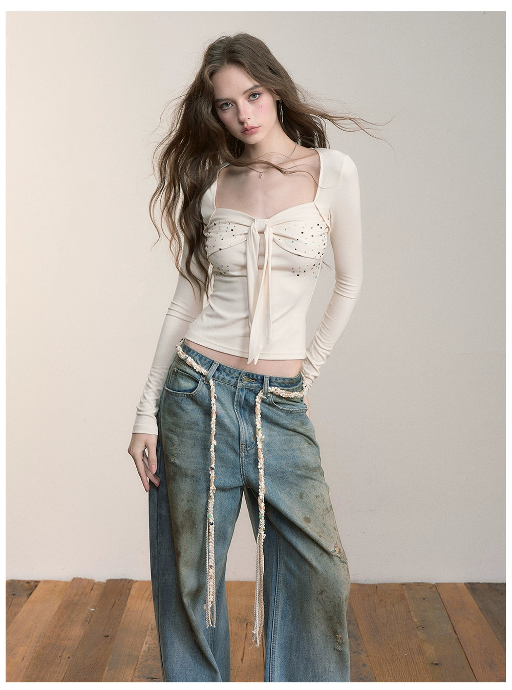 Bow Rhinestone U-neck Blouse