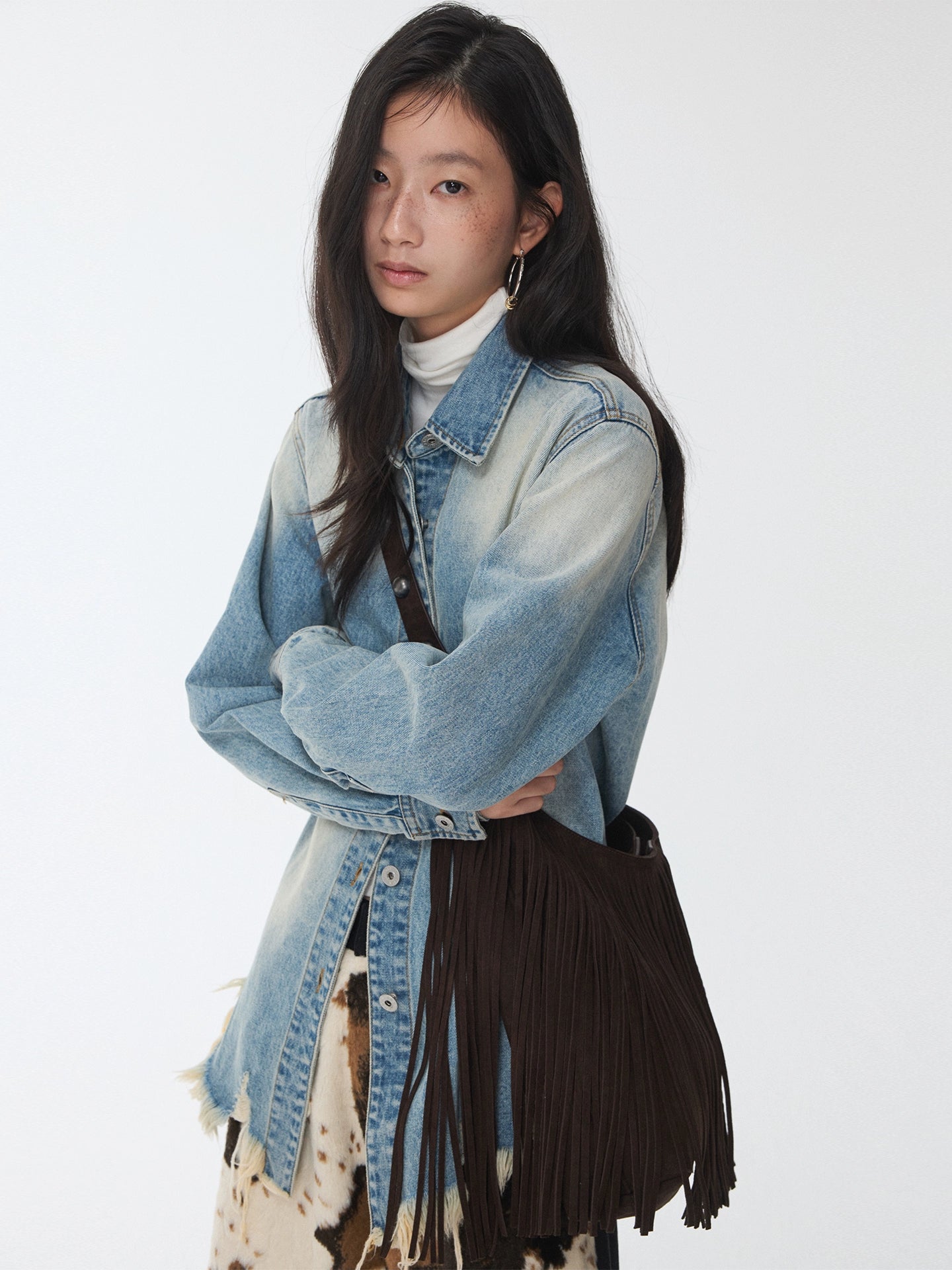 Vintage Washed Frayed-Edge Denim Shirt