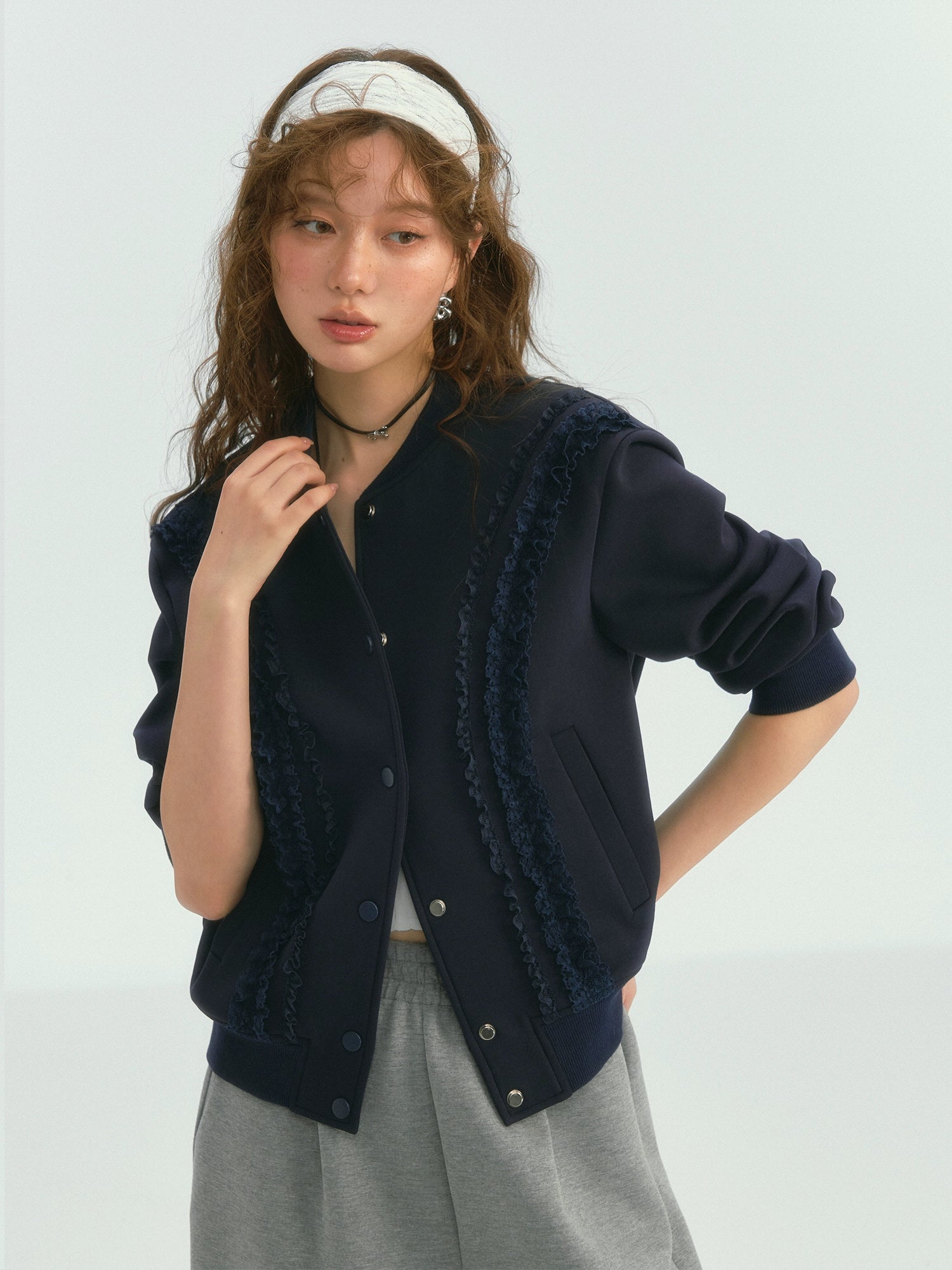 Lace‑Trim Baseball Jacket