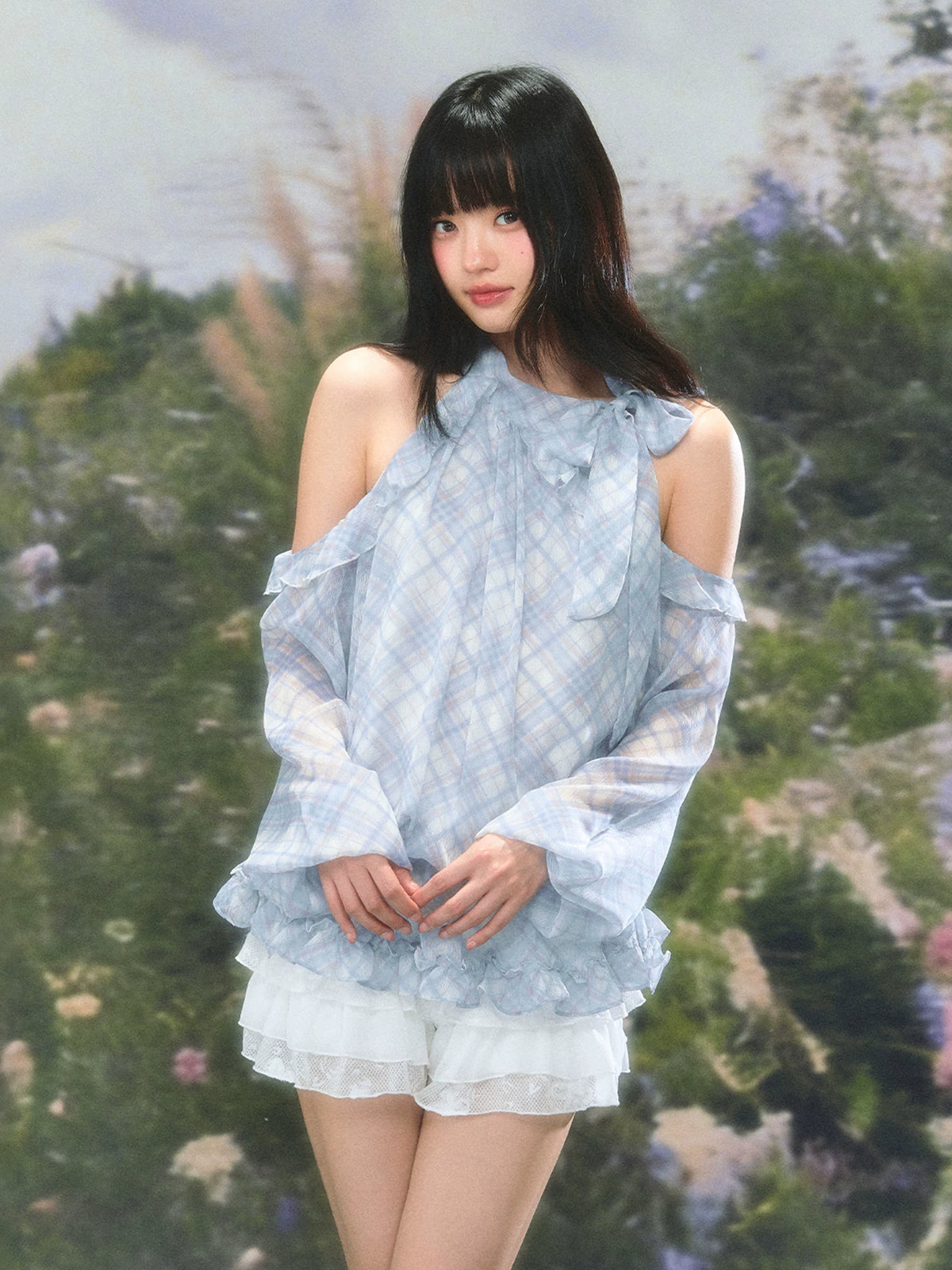 Plaid Halter Ruffle Blouse