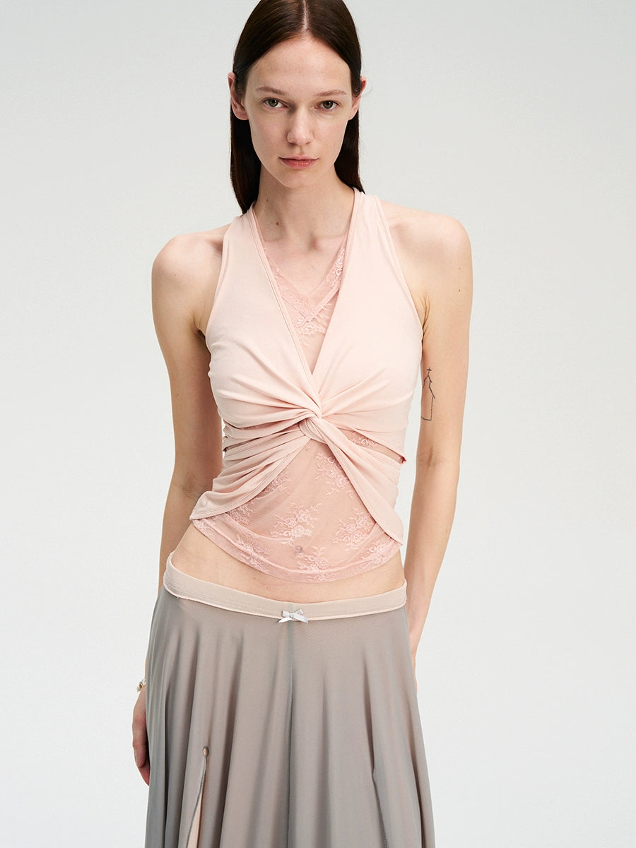Lace Panel Twist Knit Tank