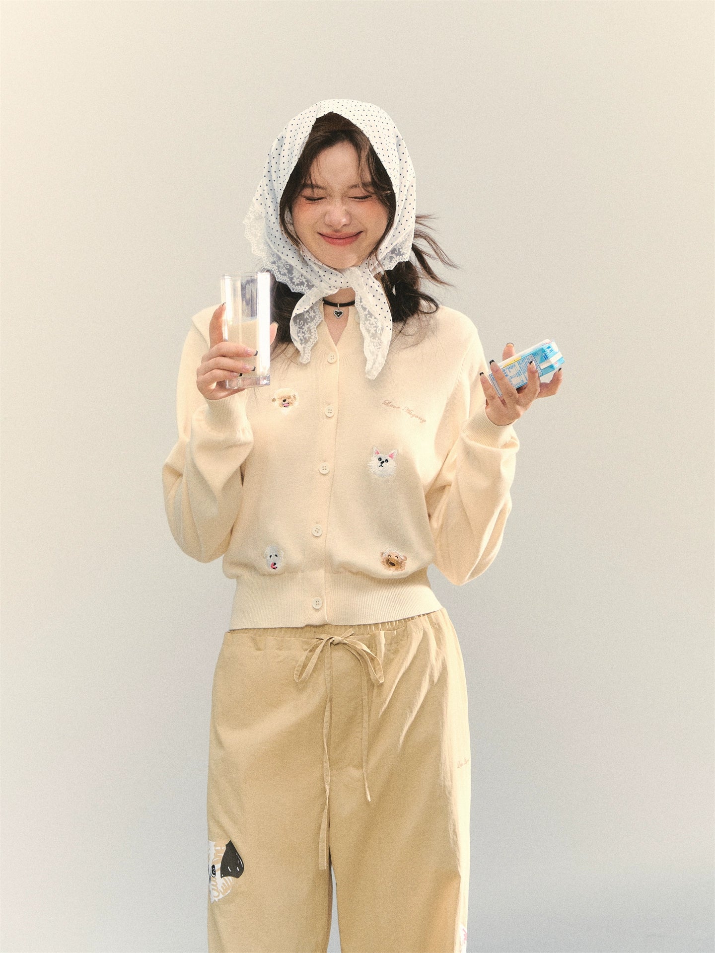 Gray & Apricot Puppy-Embroidered Knit Cardigan