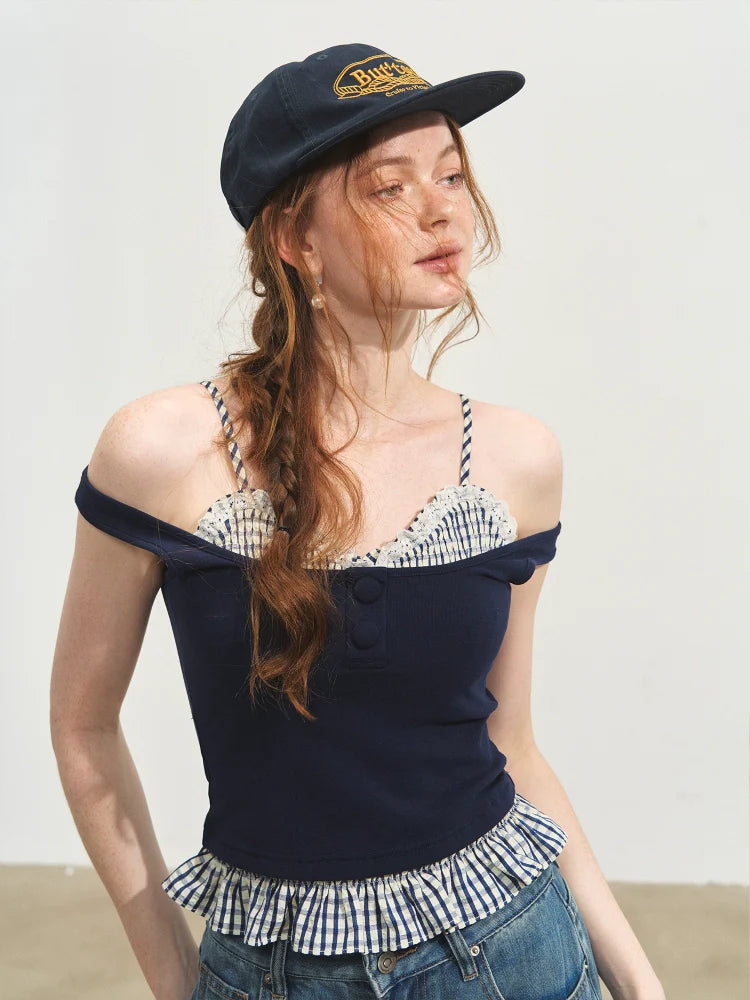 Plaid Halter Fake Two-Piece Inner Vest