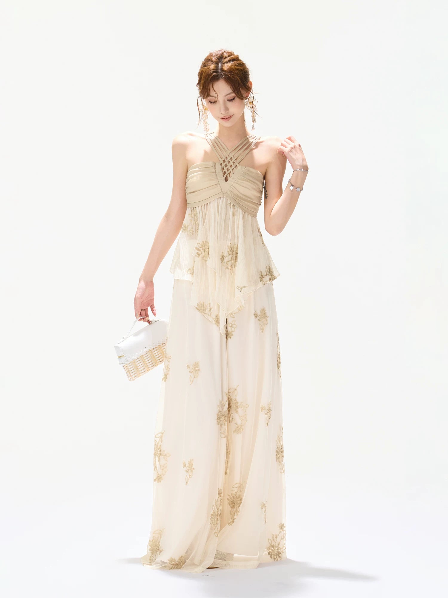 Embroidered Halter Top & Pants Set
