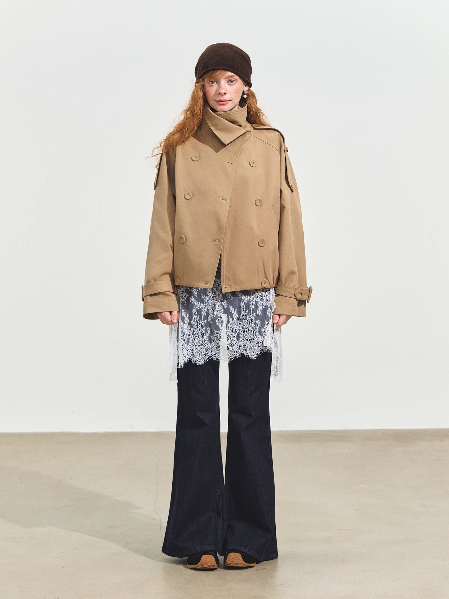 Plaid Lapel Double-Breasted Trench Coat