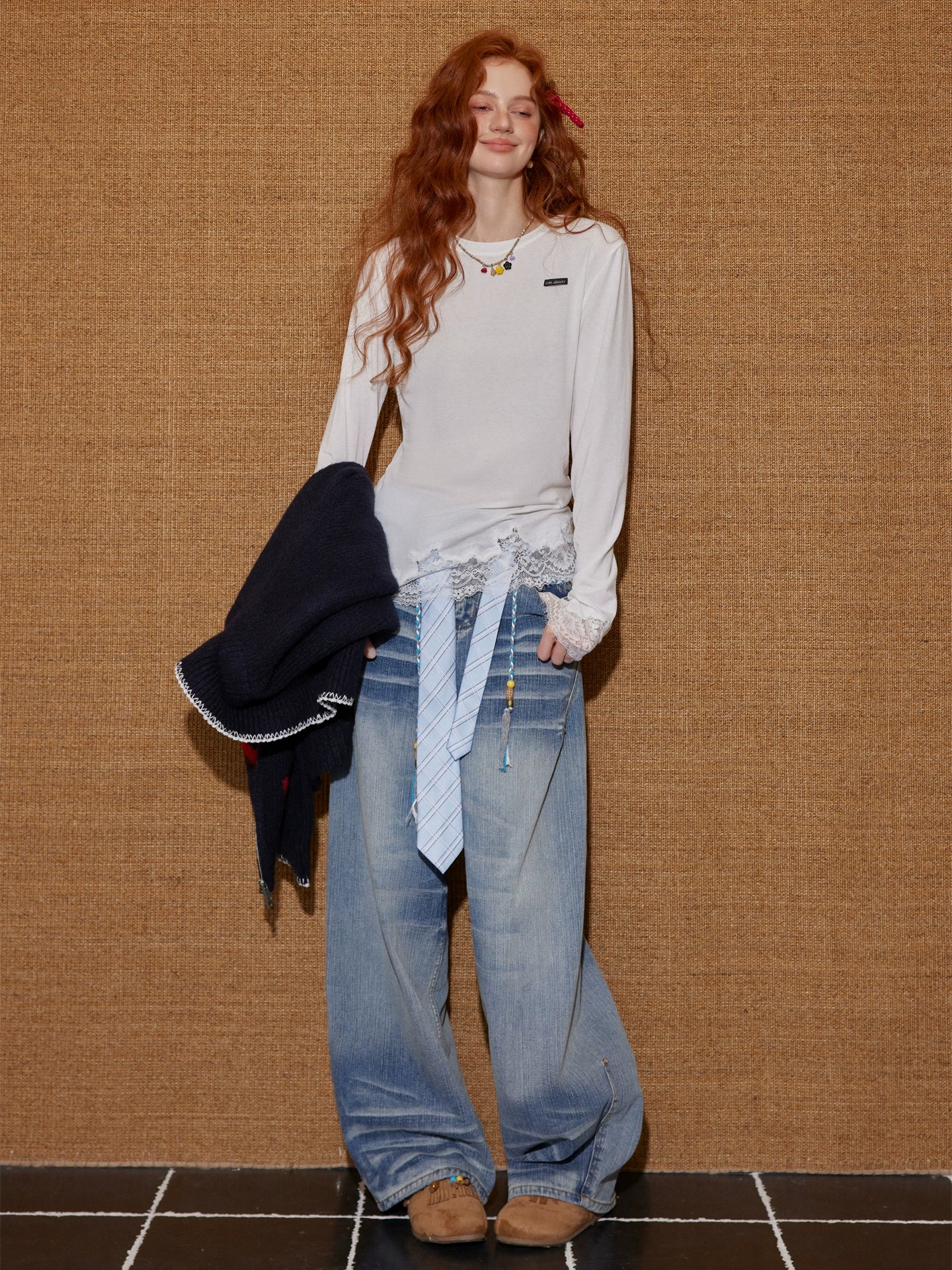 Lace Panel Long-Sleeve Top