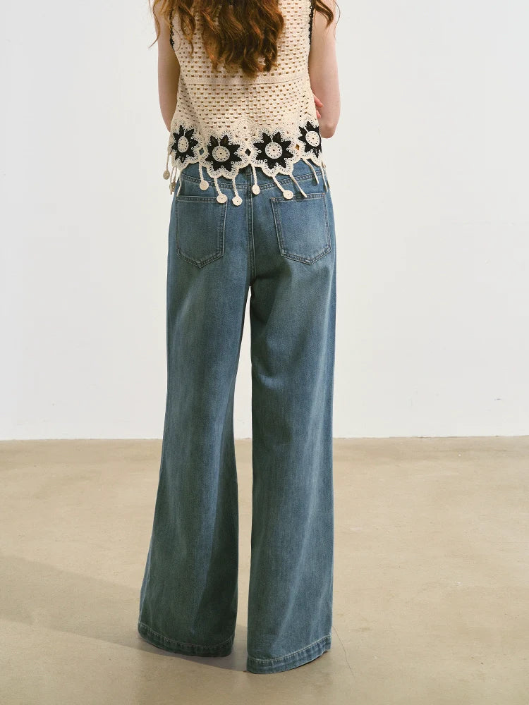 Raw-edge Flower-Patch Straight-leg Jeans