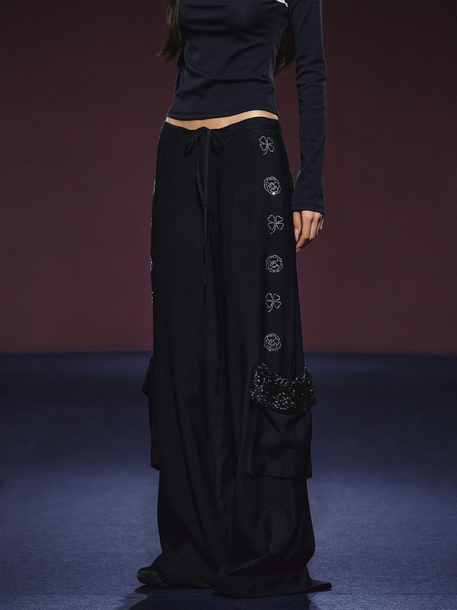 Rhinestone Pocket Drawstring Wide-Leg Pants