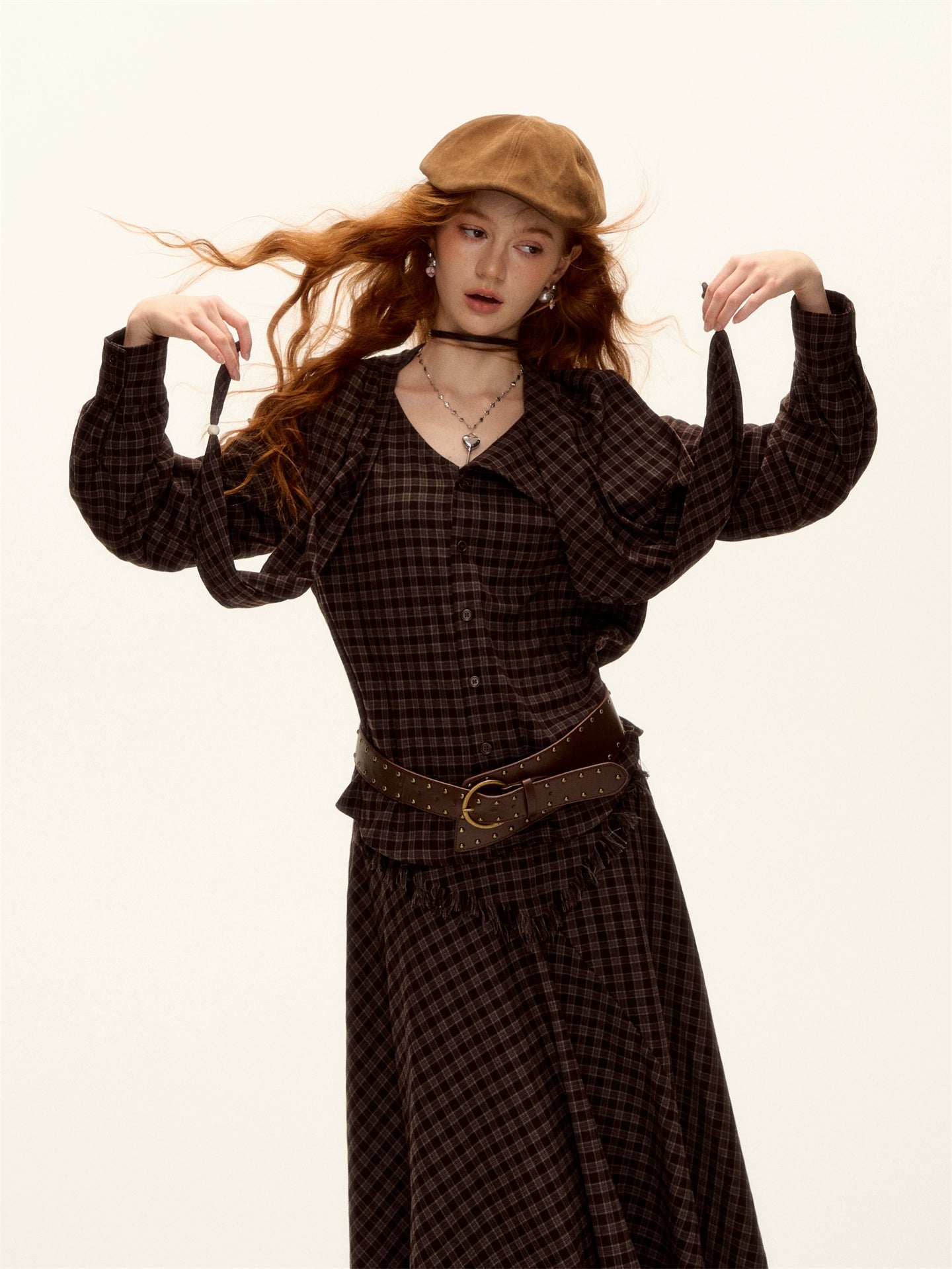 Vintage Plaid Beaded Tie-Scarf Shirt