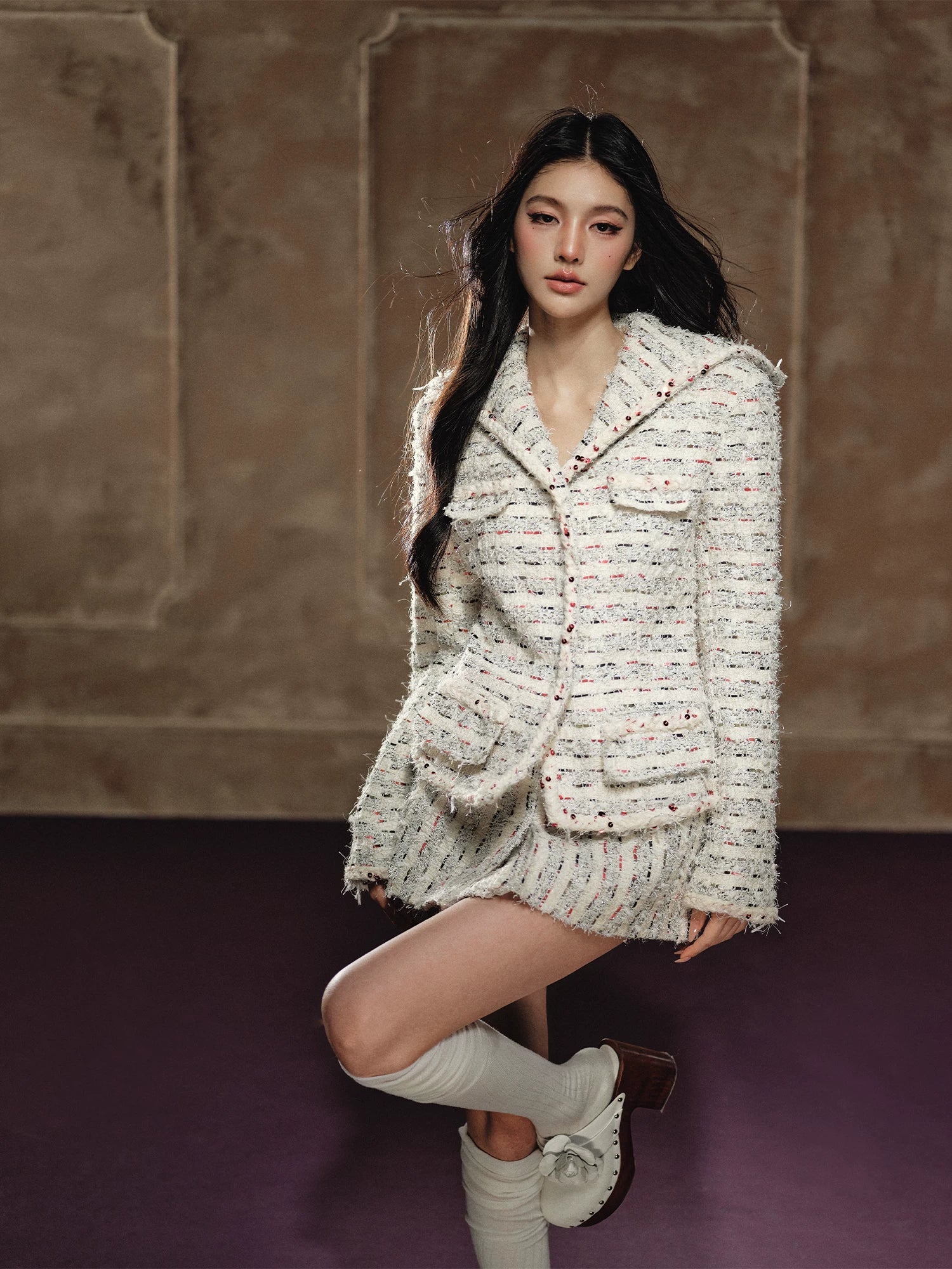 Beige Textured Cropped Jacket & Skirt Set