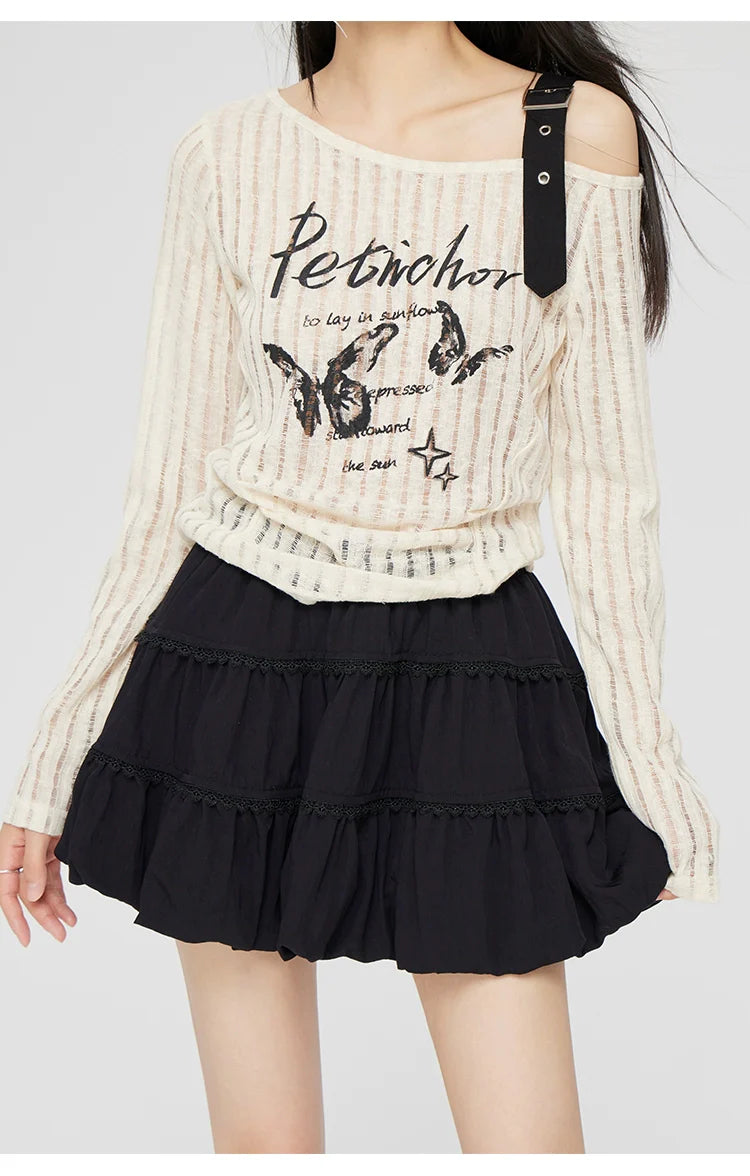 Gray & Beige Hollow Off-shoulder Long Sleeve T-shirt