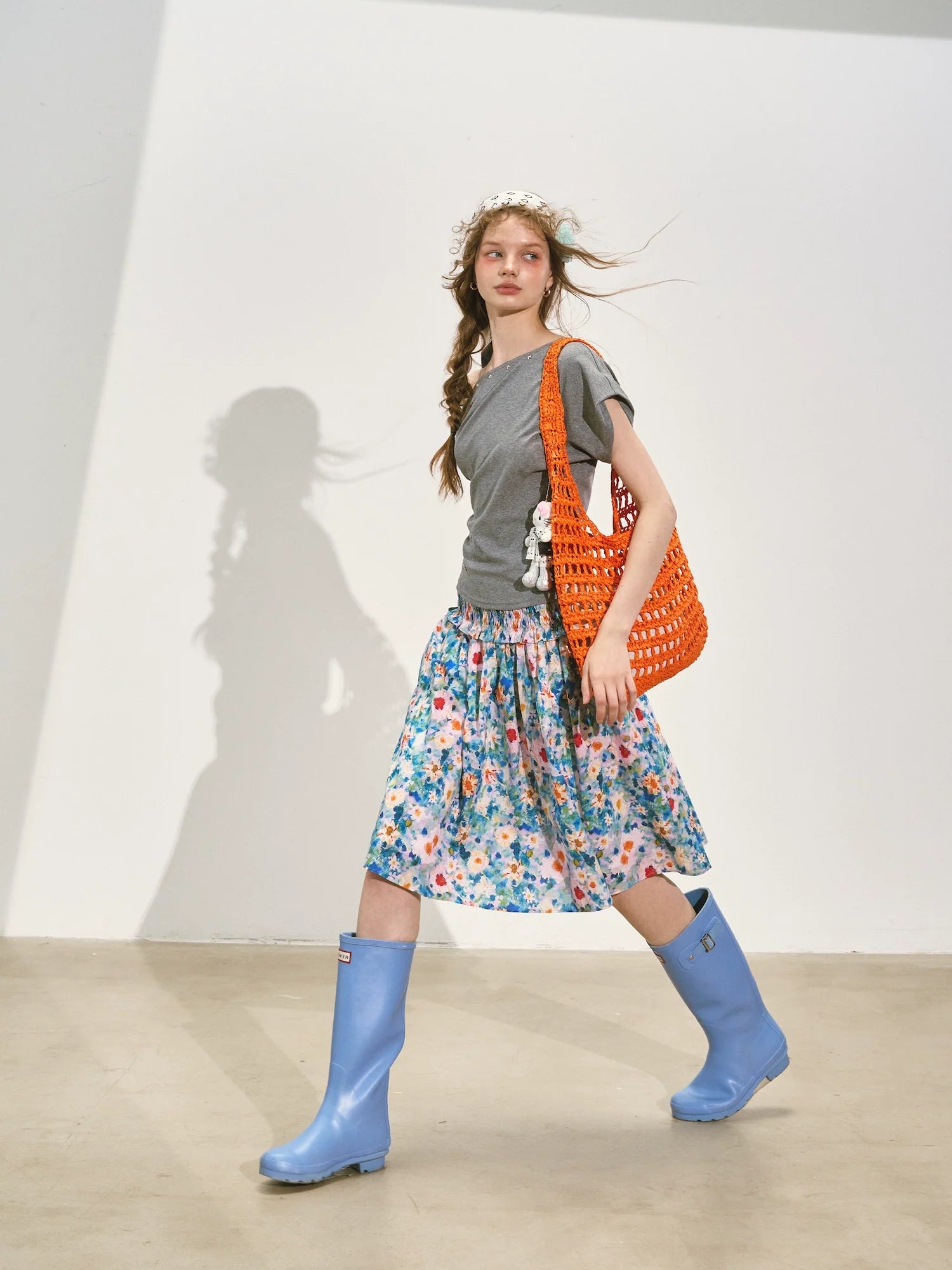 Floral Waist-cinching Slim-fit Midi A-line Skirt