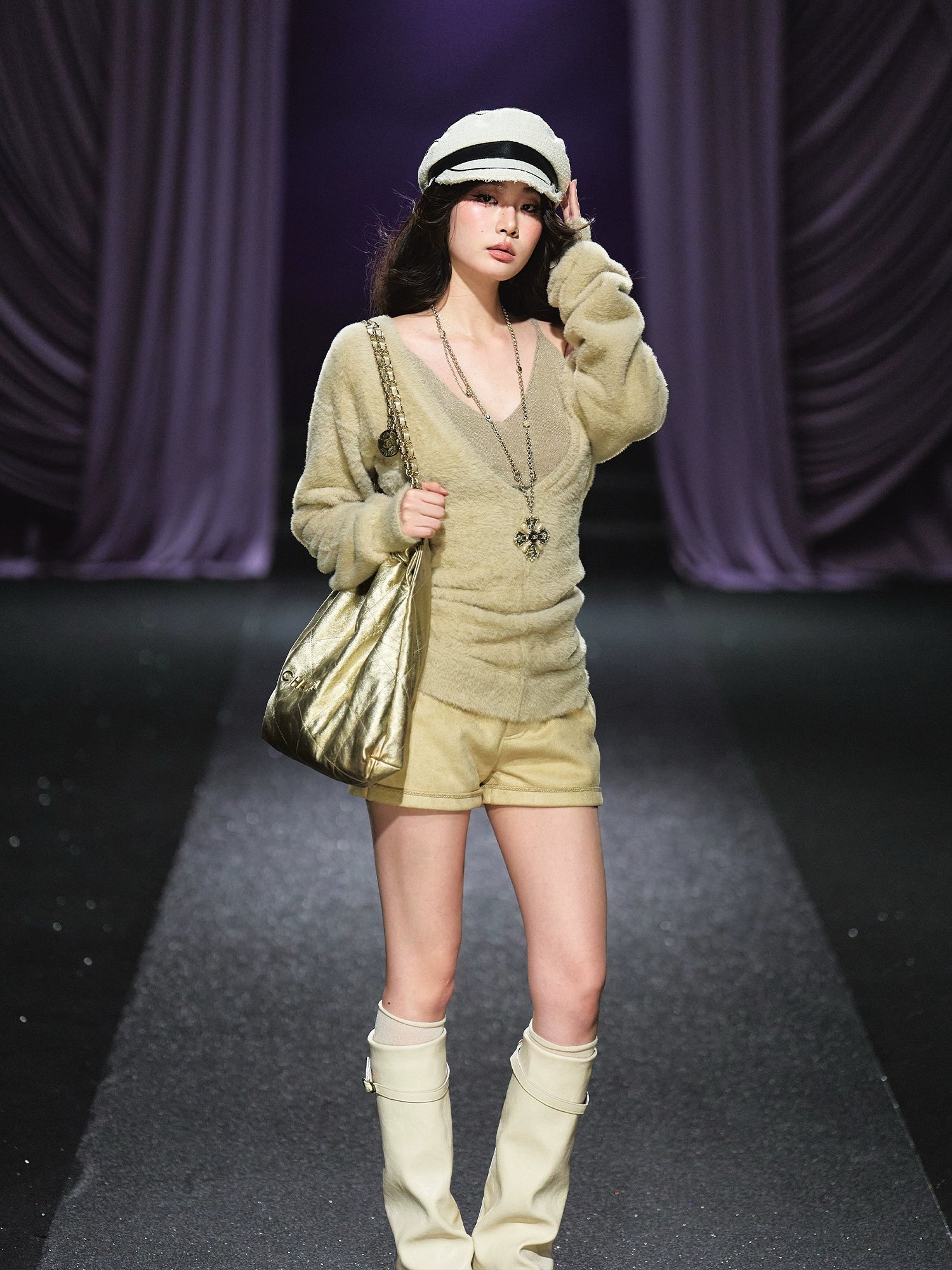 Shimmery Knit V-neck & Camisole Two-Piece Set