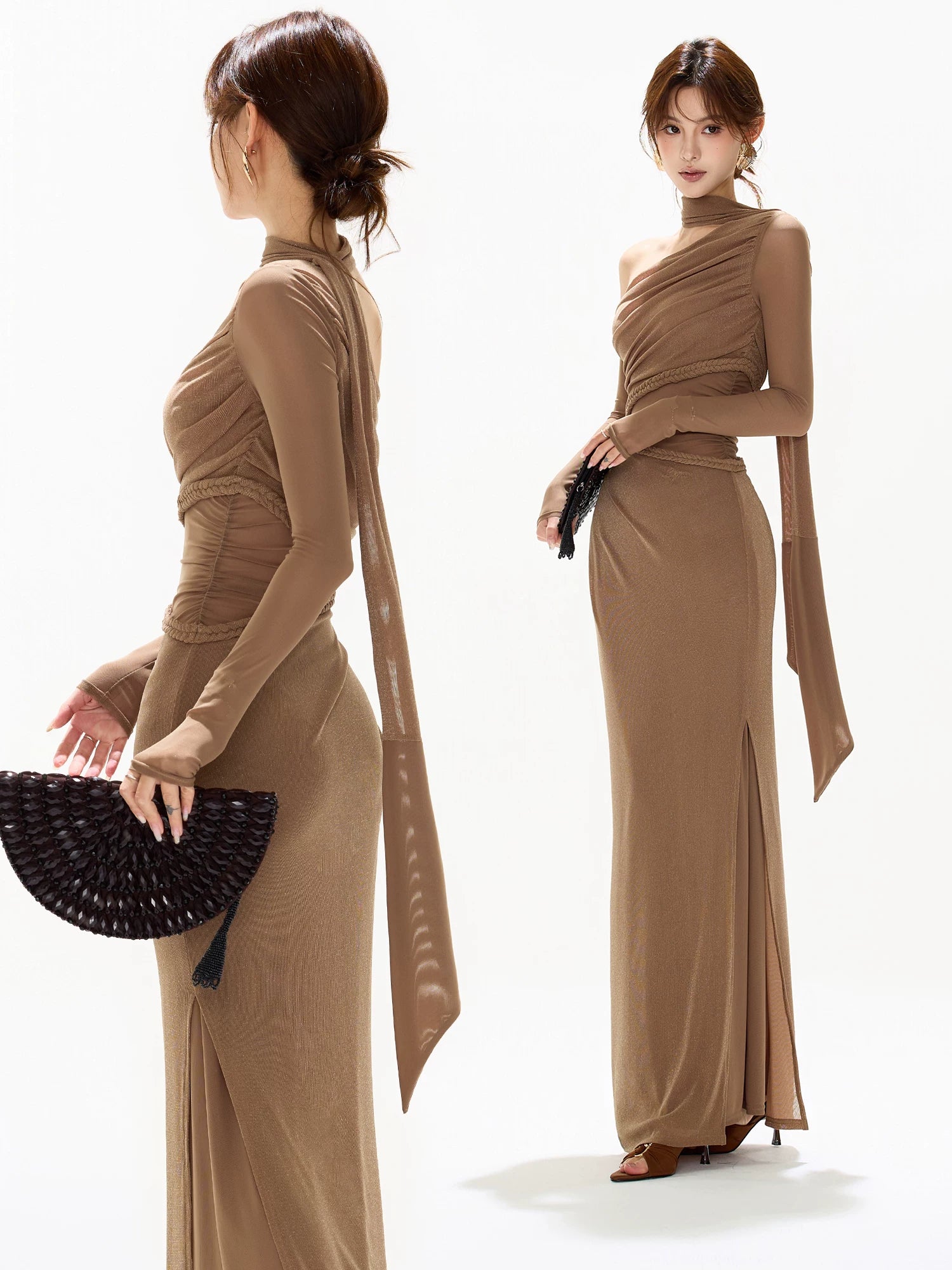 Braid Mesh One-Shoulder Maxi Dress