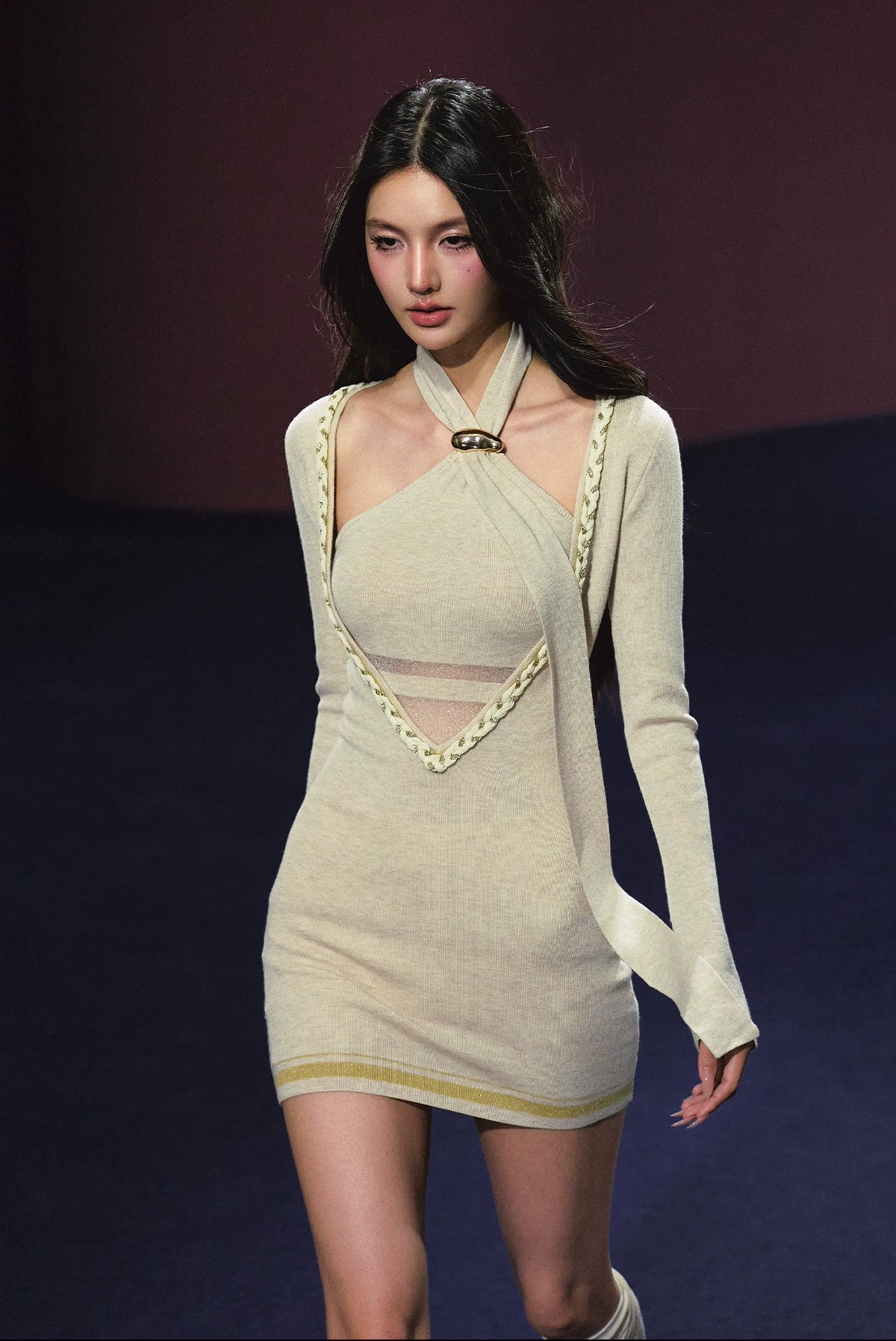 Spliced V-Neck Ribbon Layered Two-piece Dress