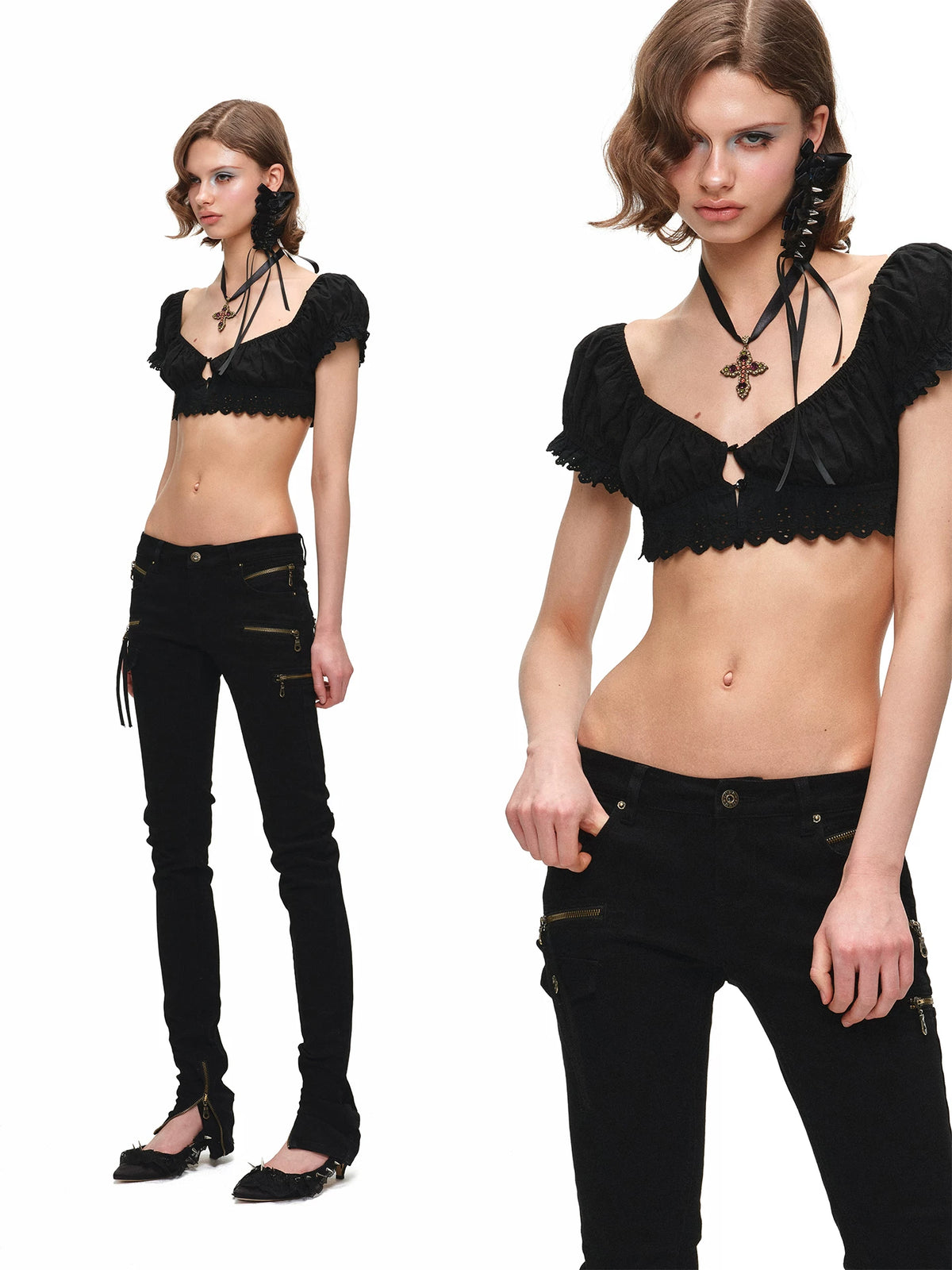 Jacquard Puff Sleeve Crop Top