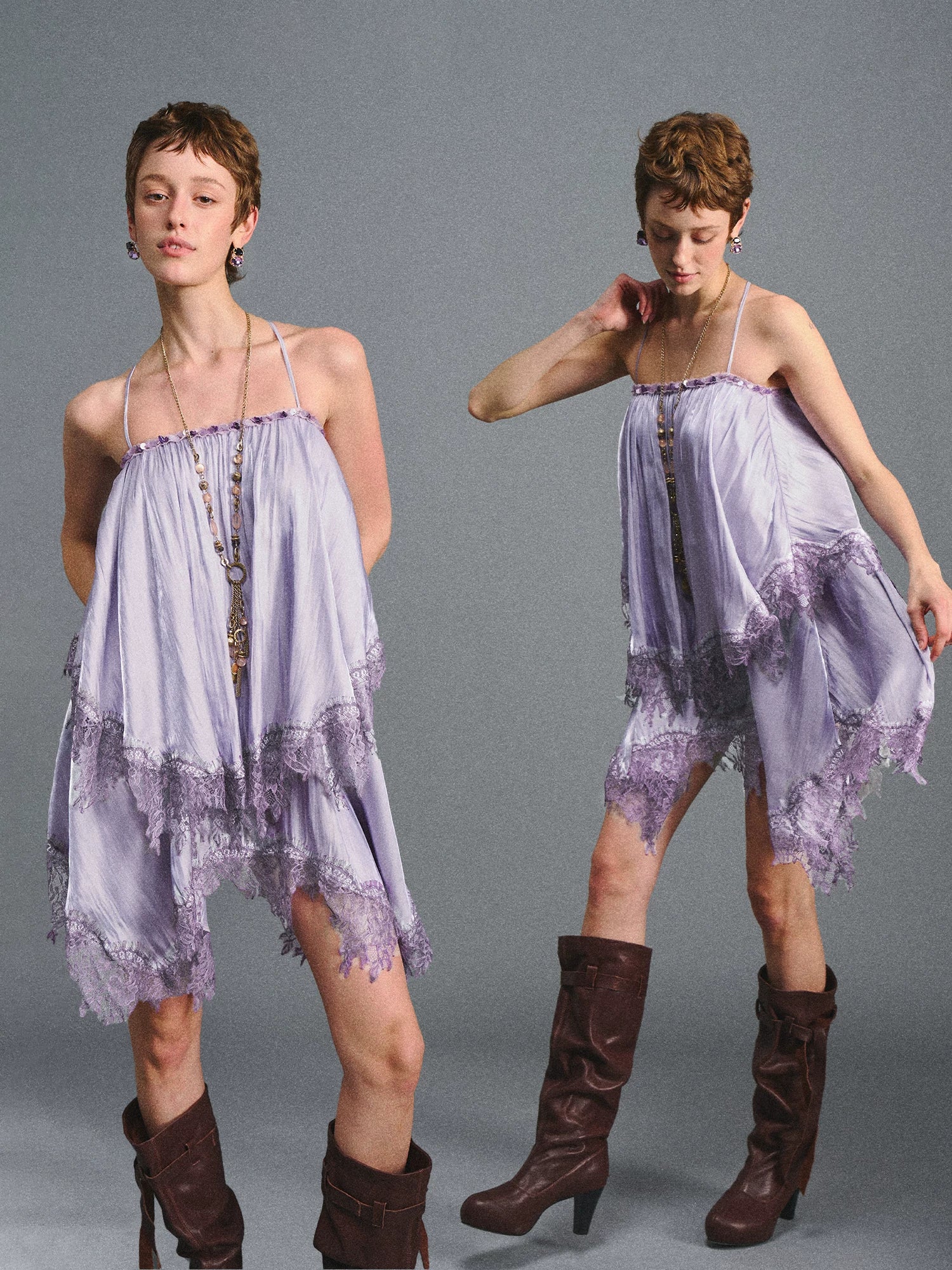 Lilac Beaded Satin Cami Dress