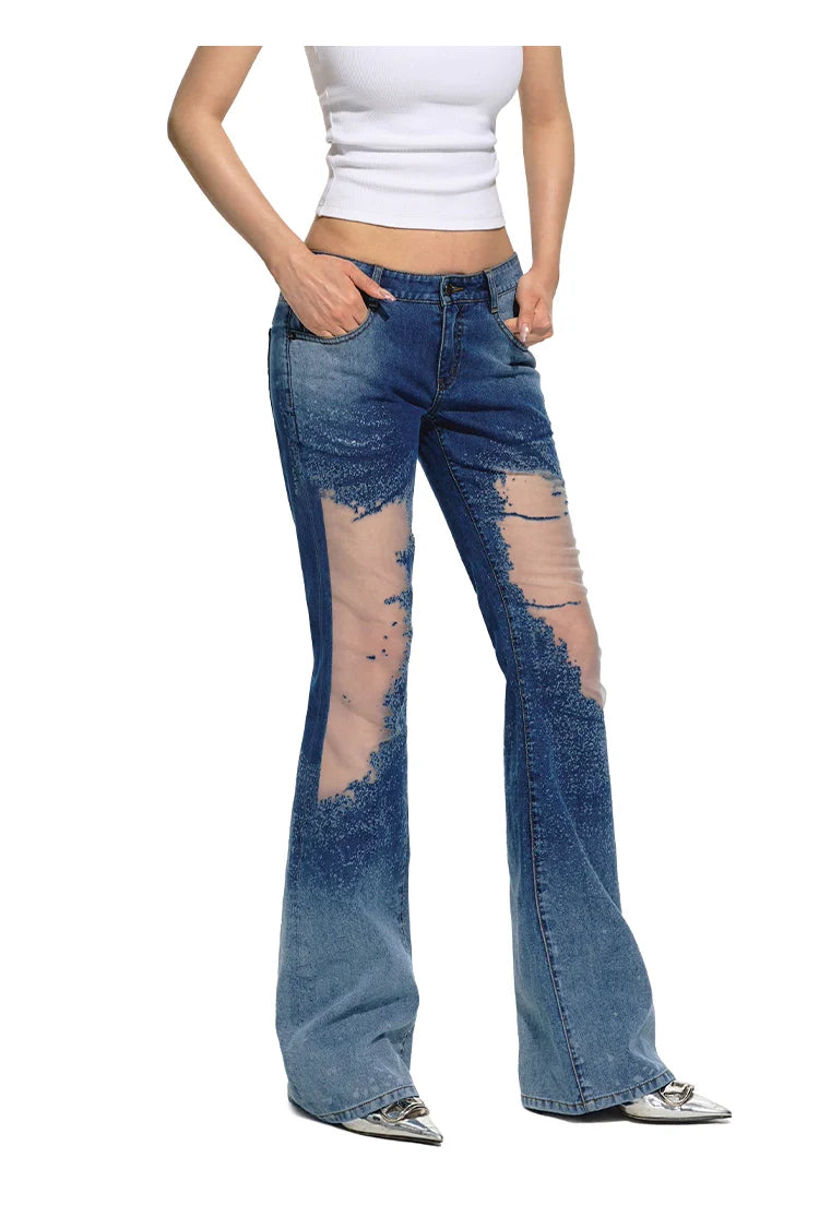 Blue Mesh Patchwork Low-Rise Flared Pants