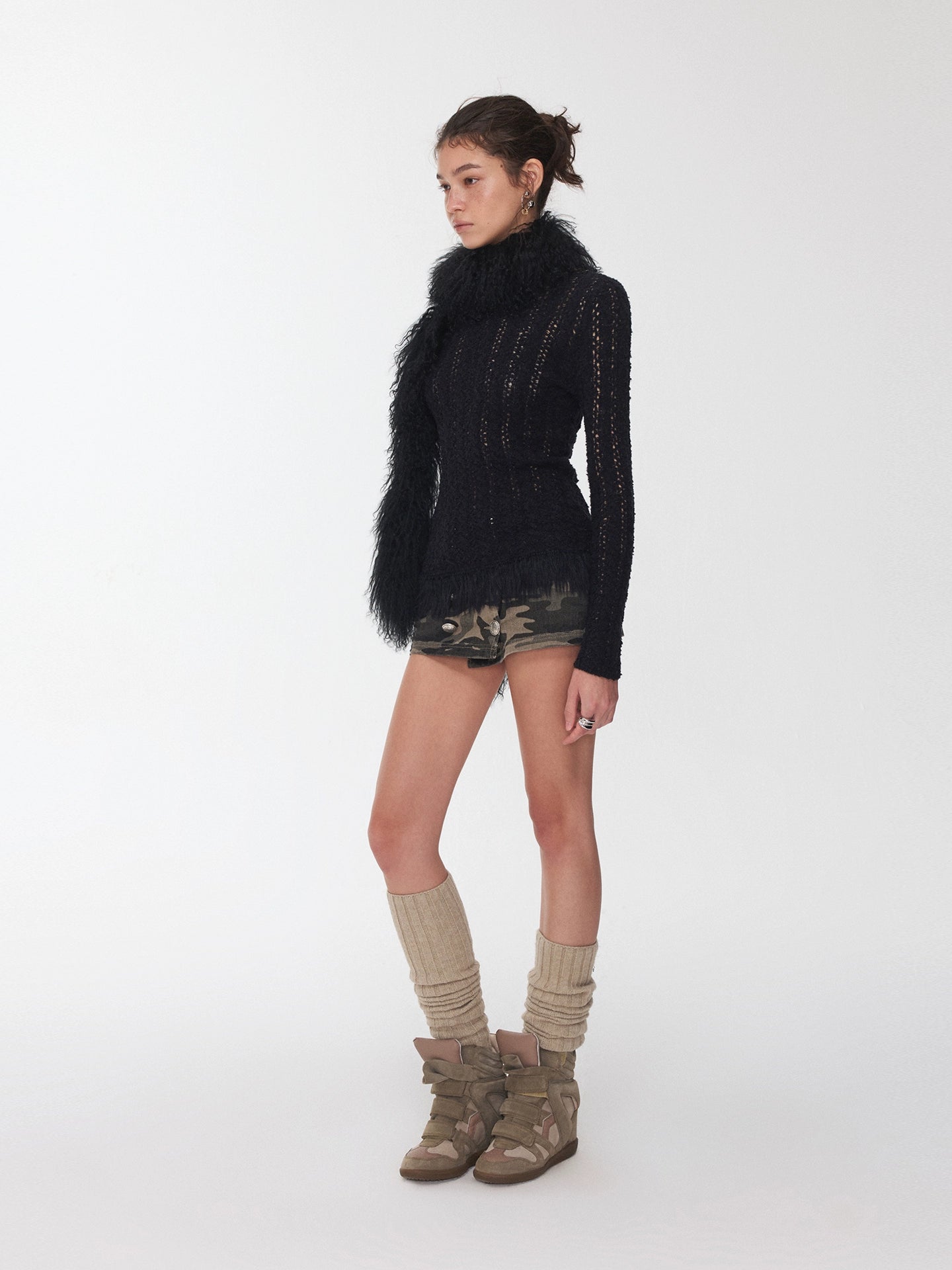 Cable Knit Faux-Fur Trim Fitted Sweater