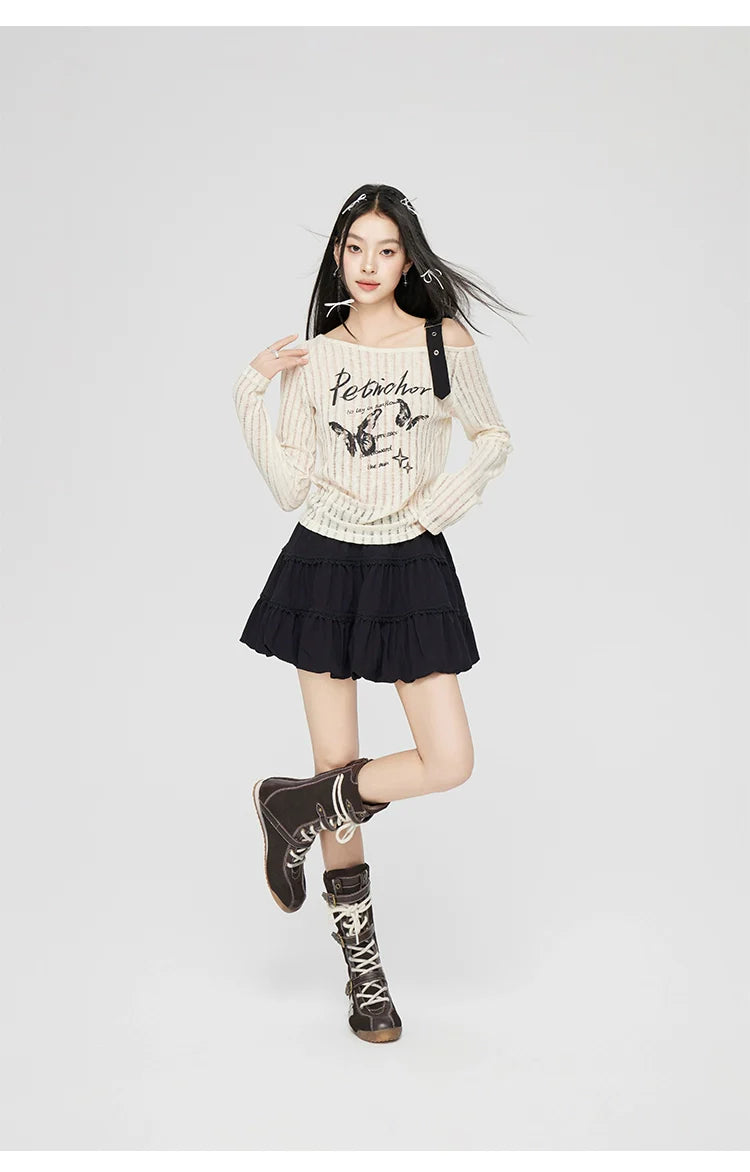Gray & Beige Hollow Off-shoulder Long Sleeve T-shirt