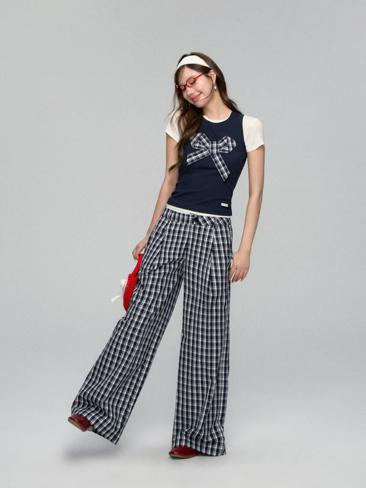 Checkered Bow Contrast Color Short-Sleeve Set