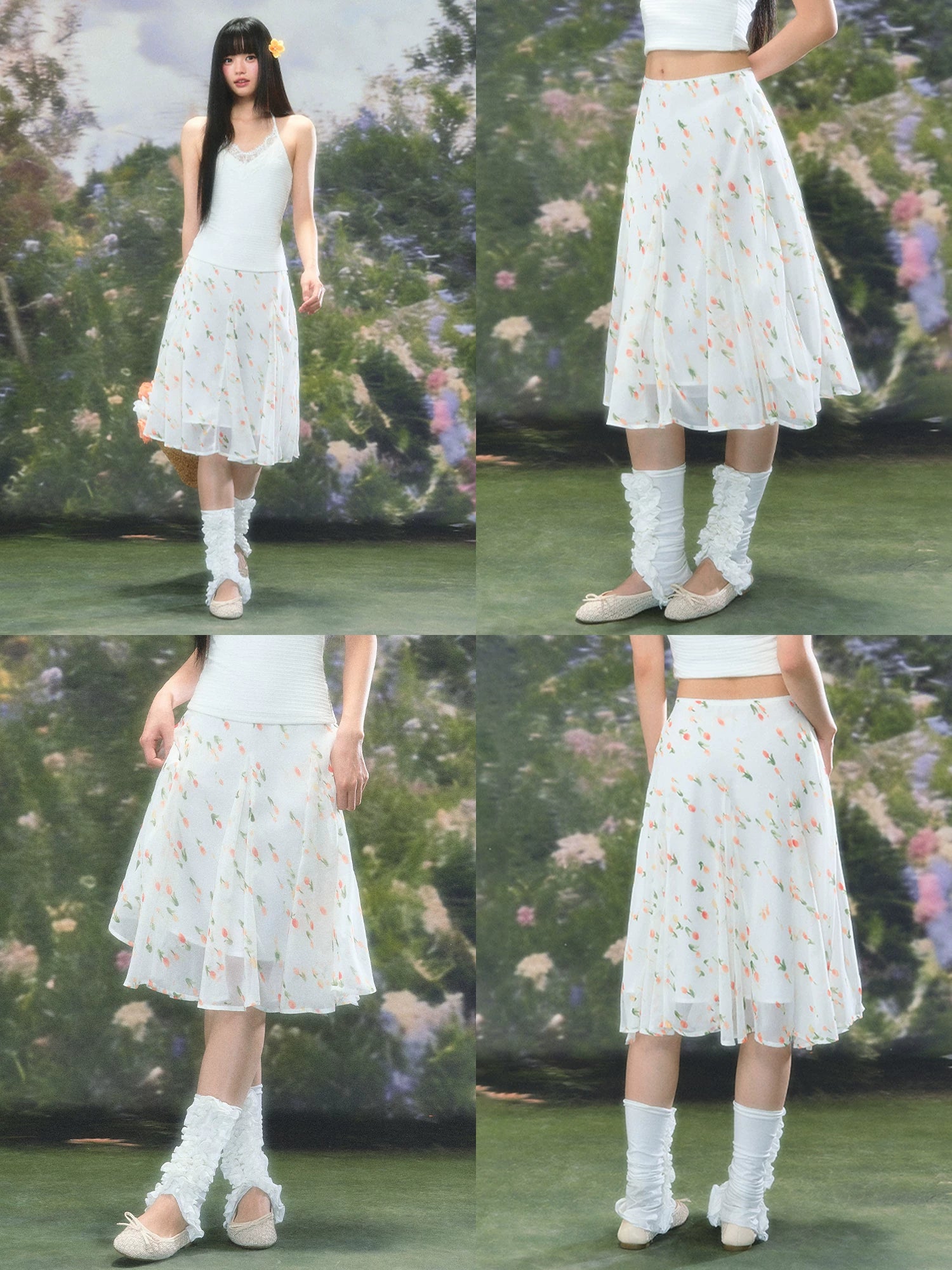 French Floral Chiffon Midi Skirt