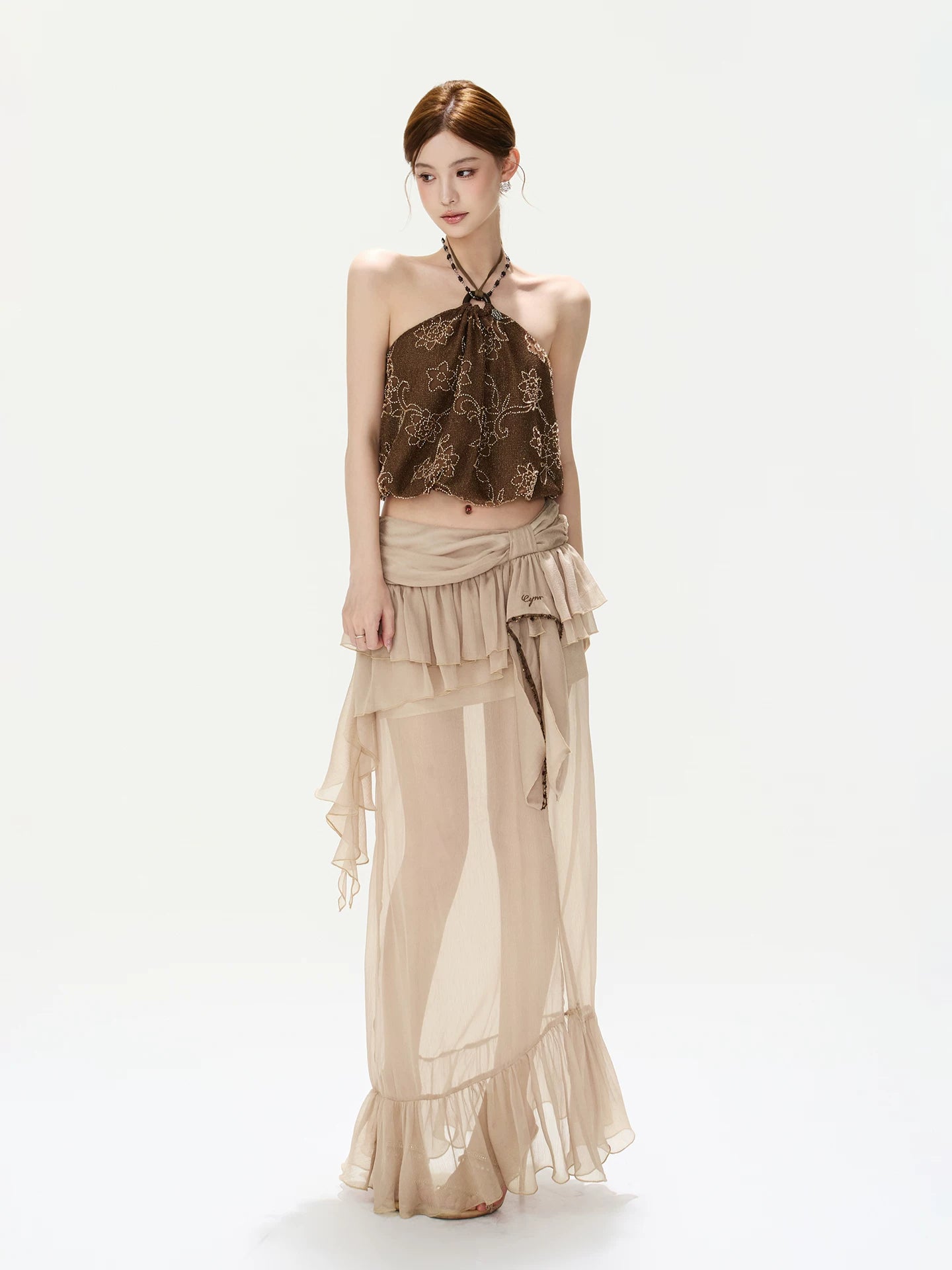 Bow-Waist Ruffle Maxi Skirt