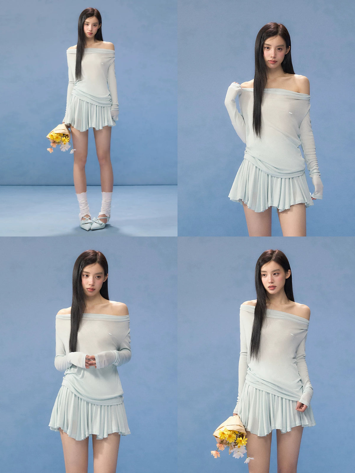 Blue One-Shoulder Blouse & Skirt Set
