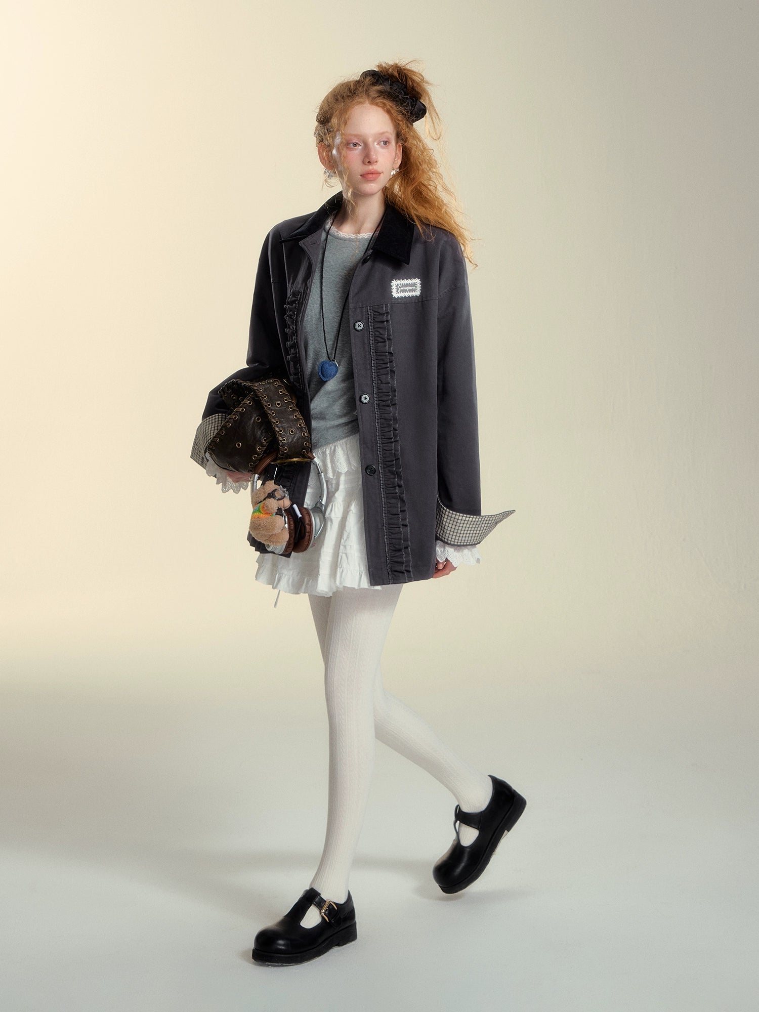 Colorblock Lapel Ruffle Puffer Coat