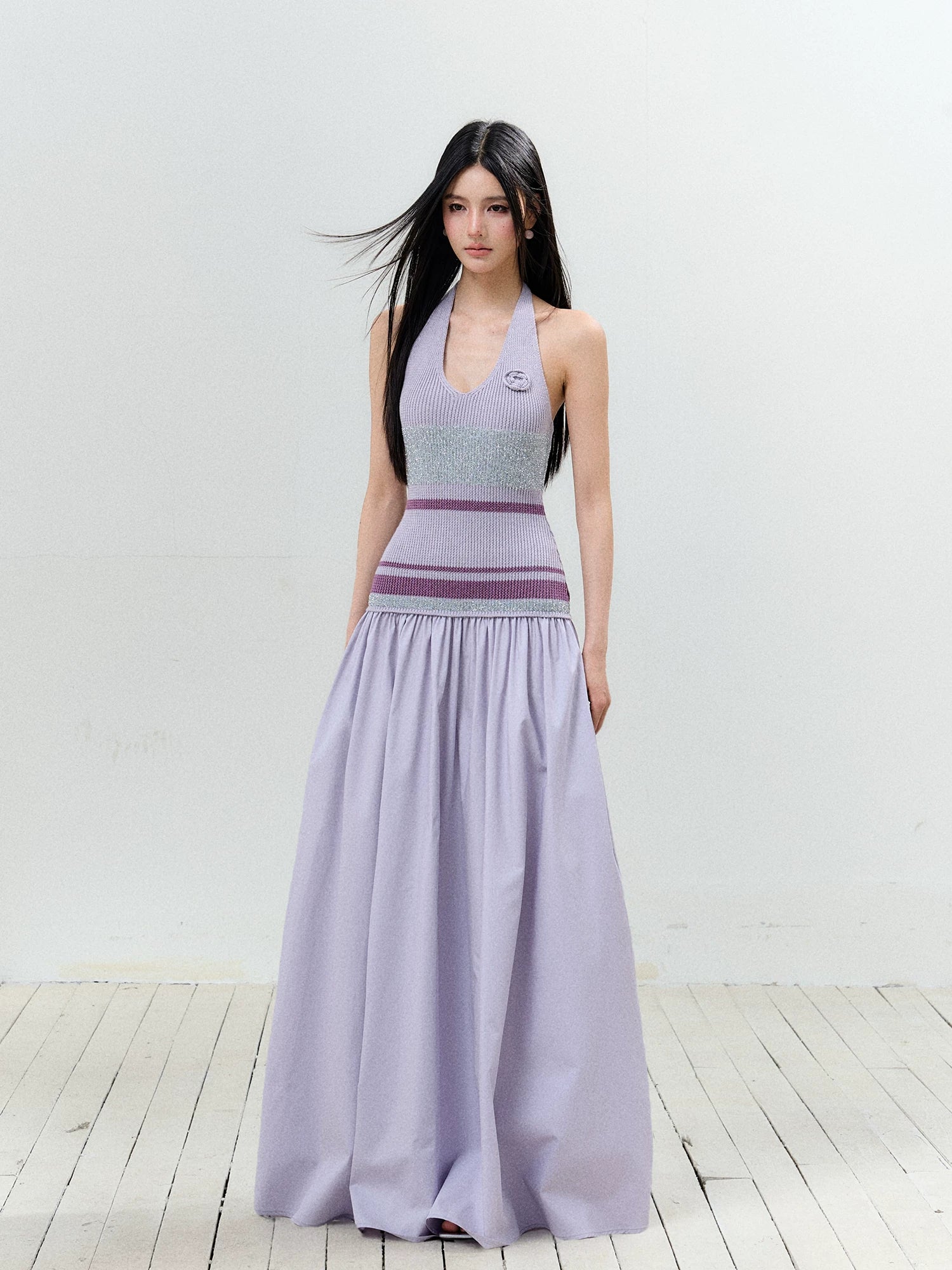 Lurex Halter V-Neck Backless Maxi Dress