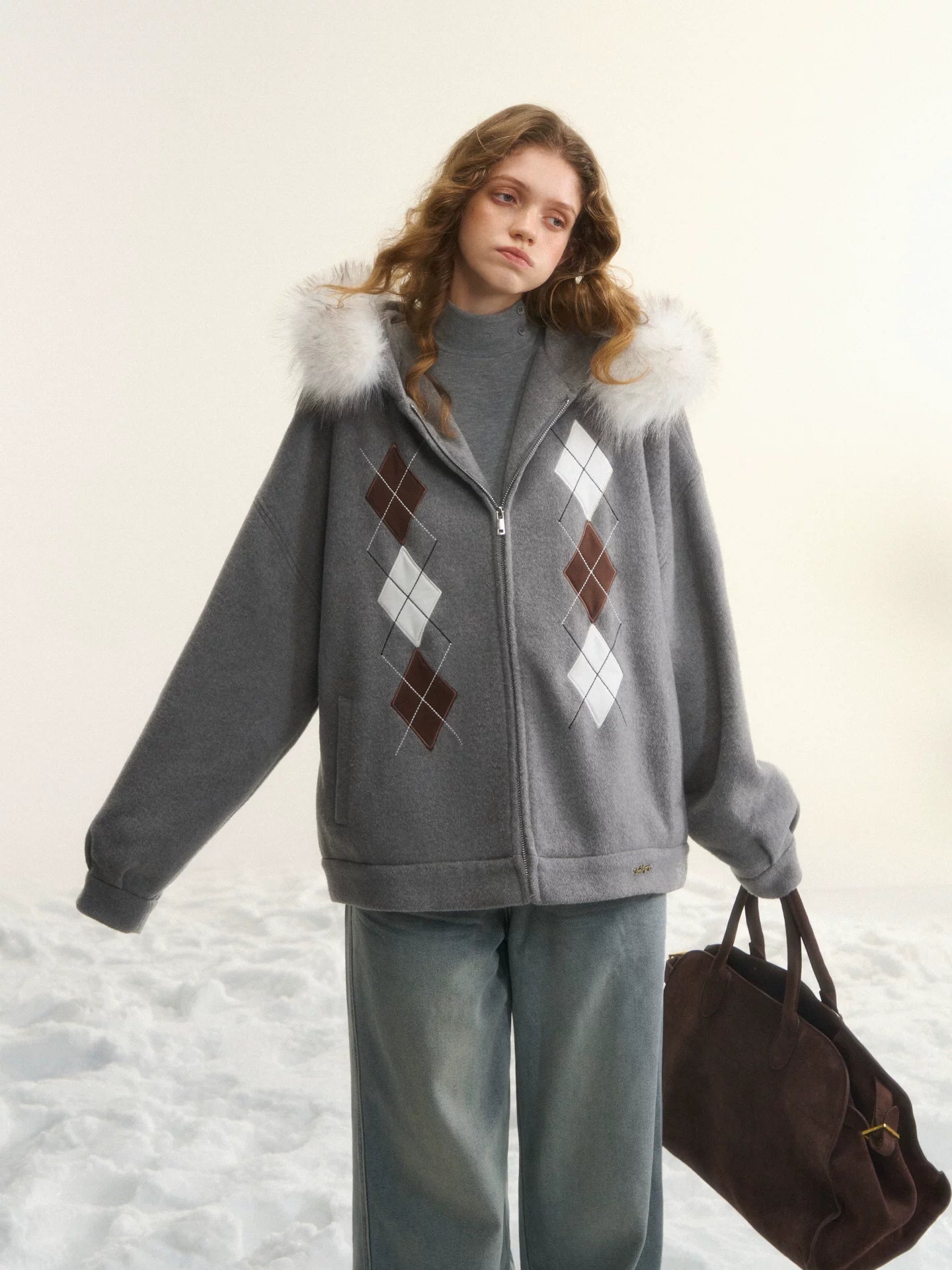 Argyle Patch Wool Hoodie Cardigan