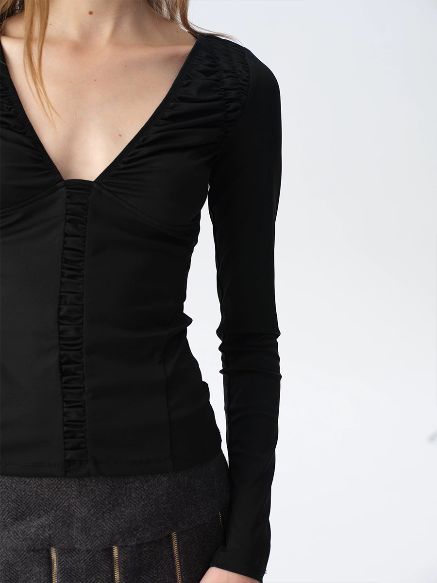 Ruched Low-Neck Knit Top