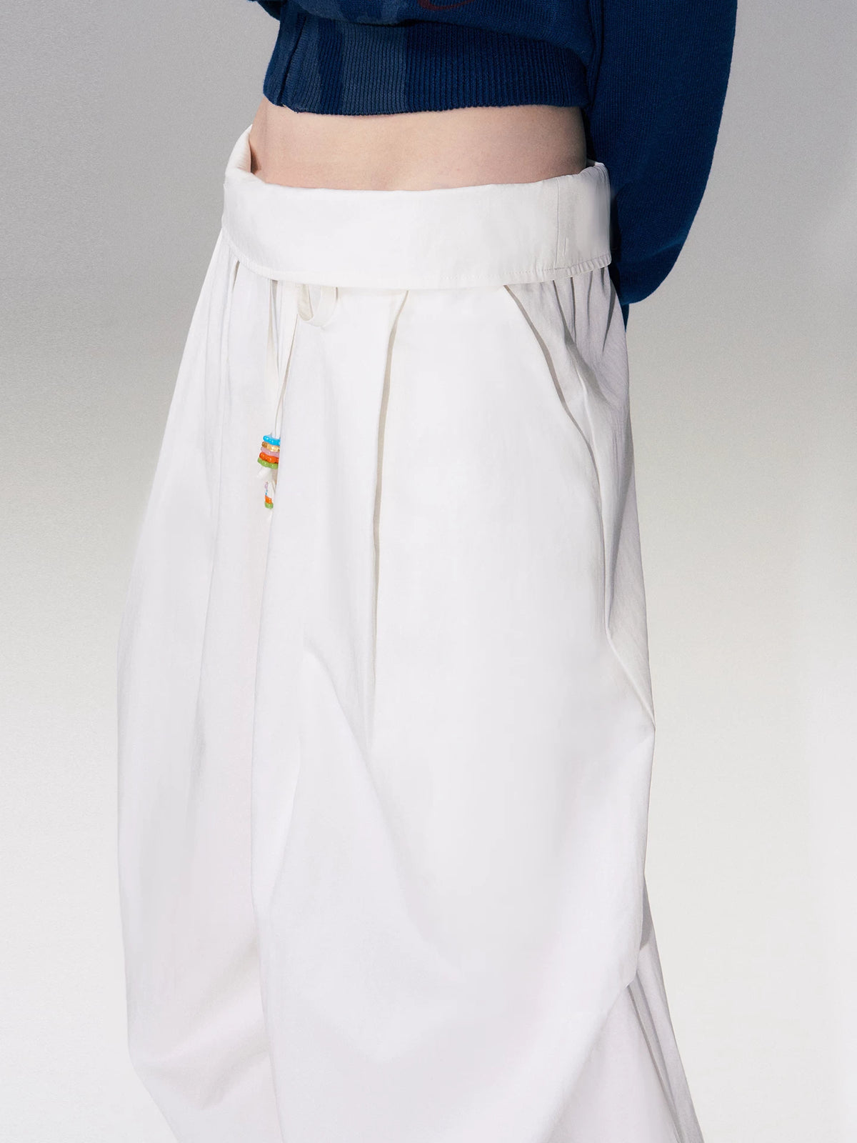 White Beaded Fold Waist Pants