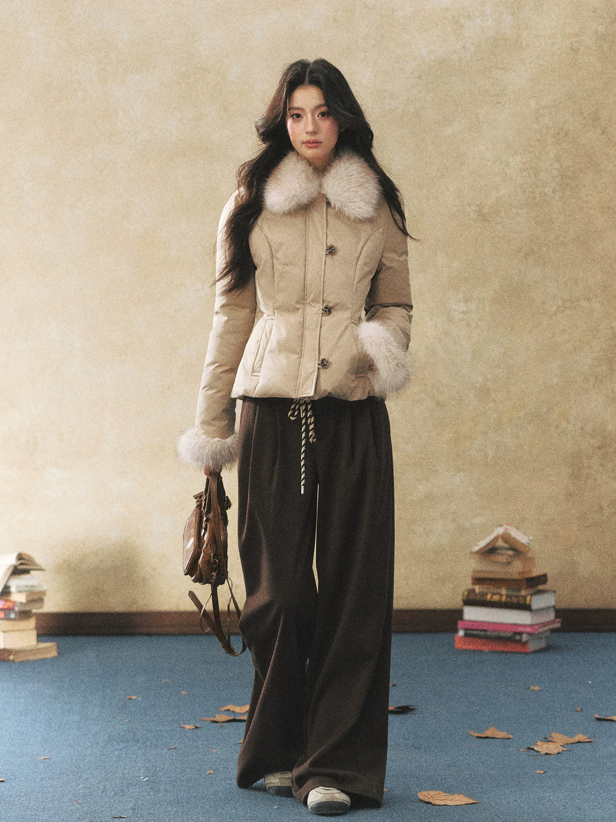 Khaki Faux Fur Collar Puffer Jacket