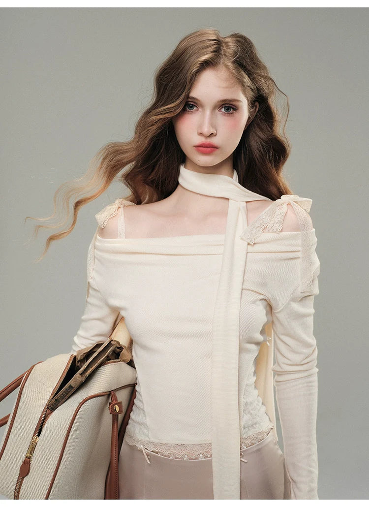 White& Black Off-Shoulder Lace Knit Crewneck