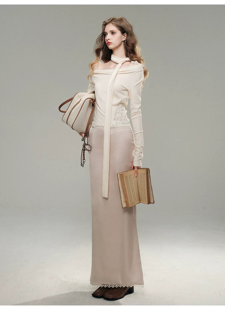 White& Black Off-Shoulder Lace Knit Crewneck