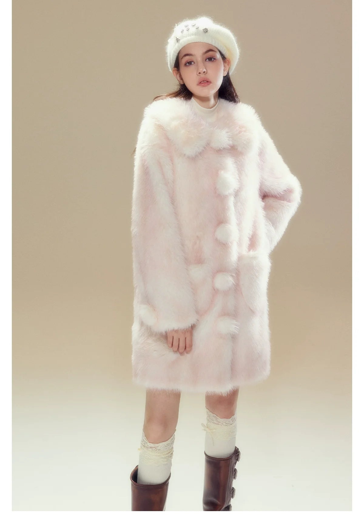Pink Ombre Doll Collar Long Shearling Coat