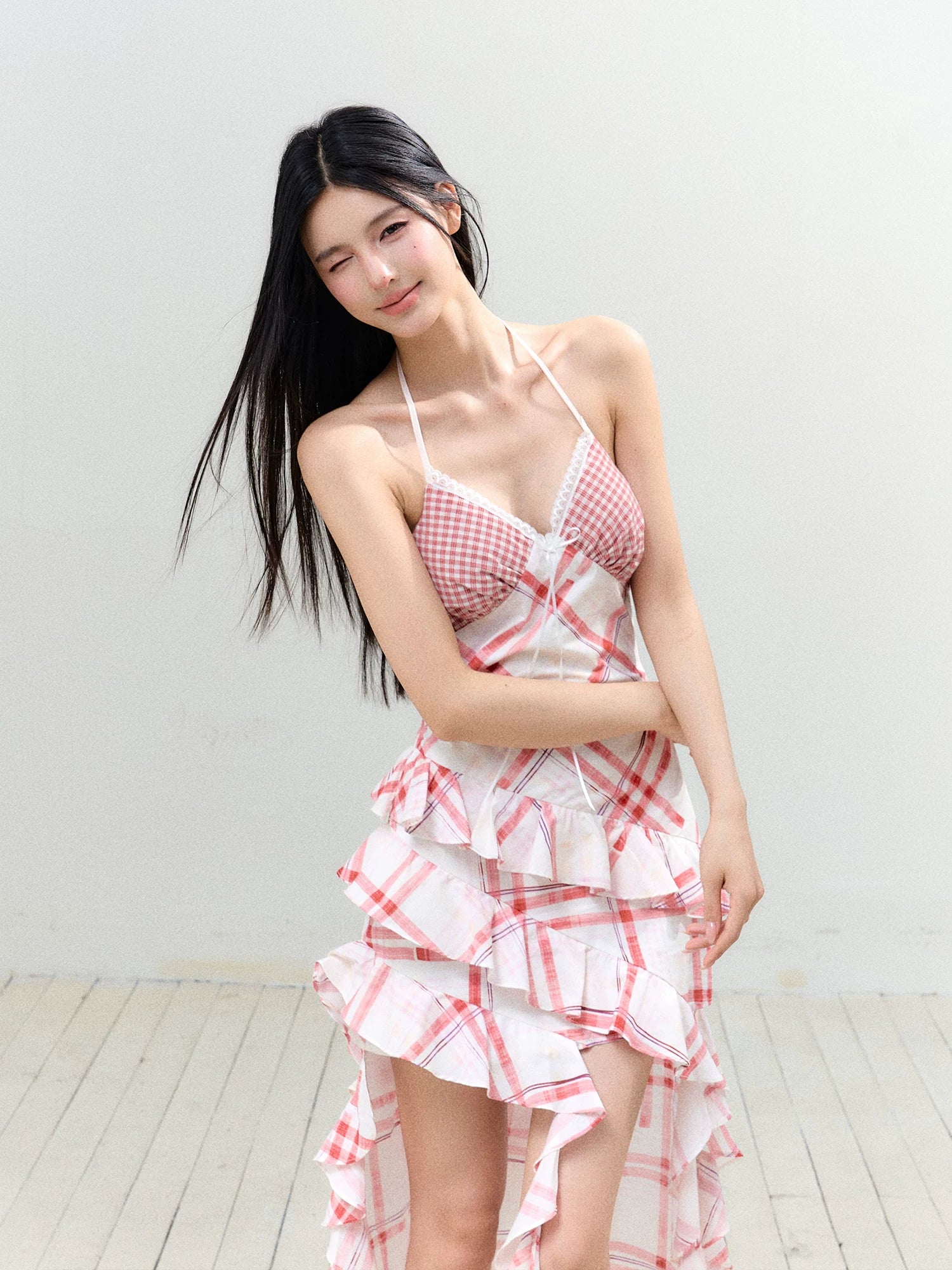 Contrast Plaid Ruffle Hem Tie Dress